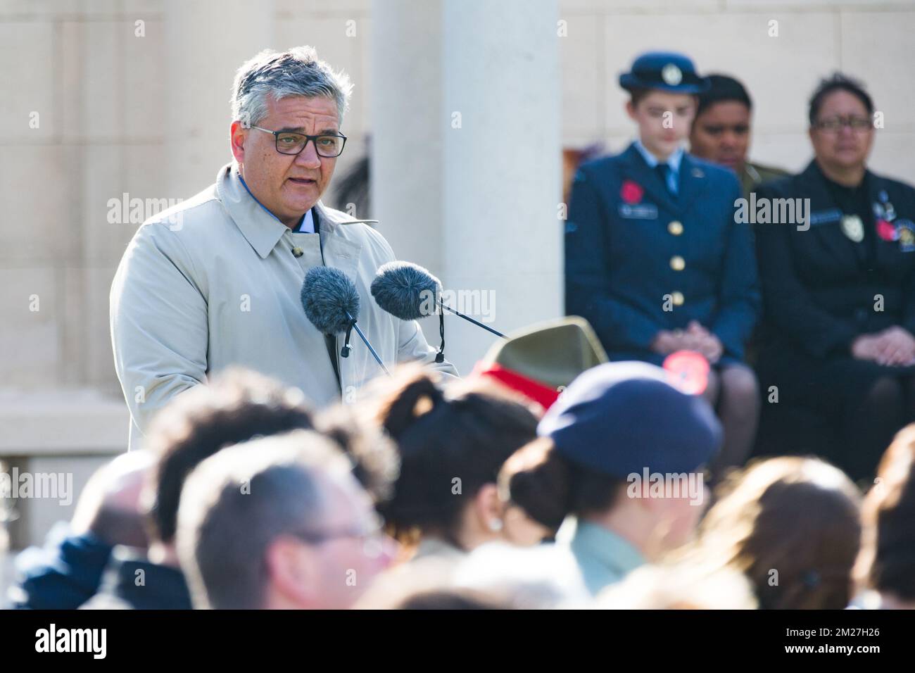 Il Ministro della Difesa e del Servizio pubblico Steven Vandeput si è pronunciato in occasione della commemorazione nazionale neozelandese del centenario della battaglia di Messines Ridge, a Mesen (Messines), mercoledì 07 giugno 2017. Oggi (07/06/2017) ricorre il 100th° anniversario dell'inizio del 'Mijnenslag' (Battaglia delle miniere) a Mesen, durante la prima guerra mondiale. BELGA FOTO KURT DESPLENTER Foto Stock