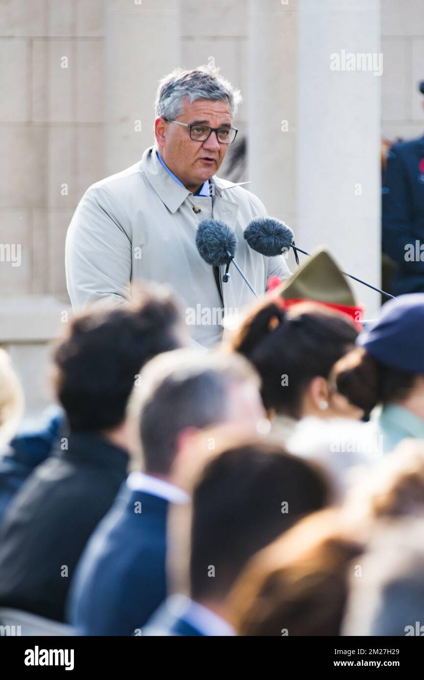 Il Ministro della Difesa e del Servizio pubblico Steven Vandeput si è pronunciato in occasione della commemorazione nazionale neozelandese del centenario della battaglia di Messines Ridge, a Mesen (Messines), mercoledì 07 giugno 2017. Oggi (07/06/2017) ricorre il 100th° anniversario dell'inizio del 'Mijnenslag' (Battaglia delle miniere) a Mesen, durante la prima guerra mondiale. BELGA FOTO KURT DESPLENTER Foto Stock