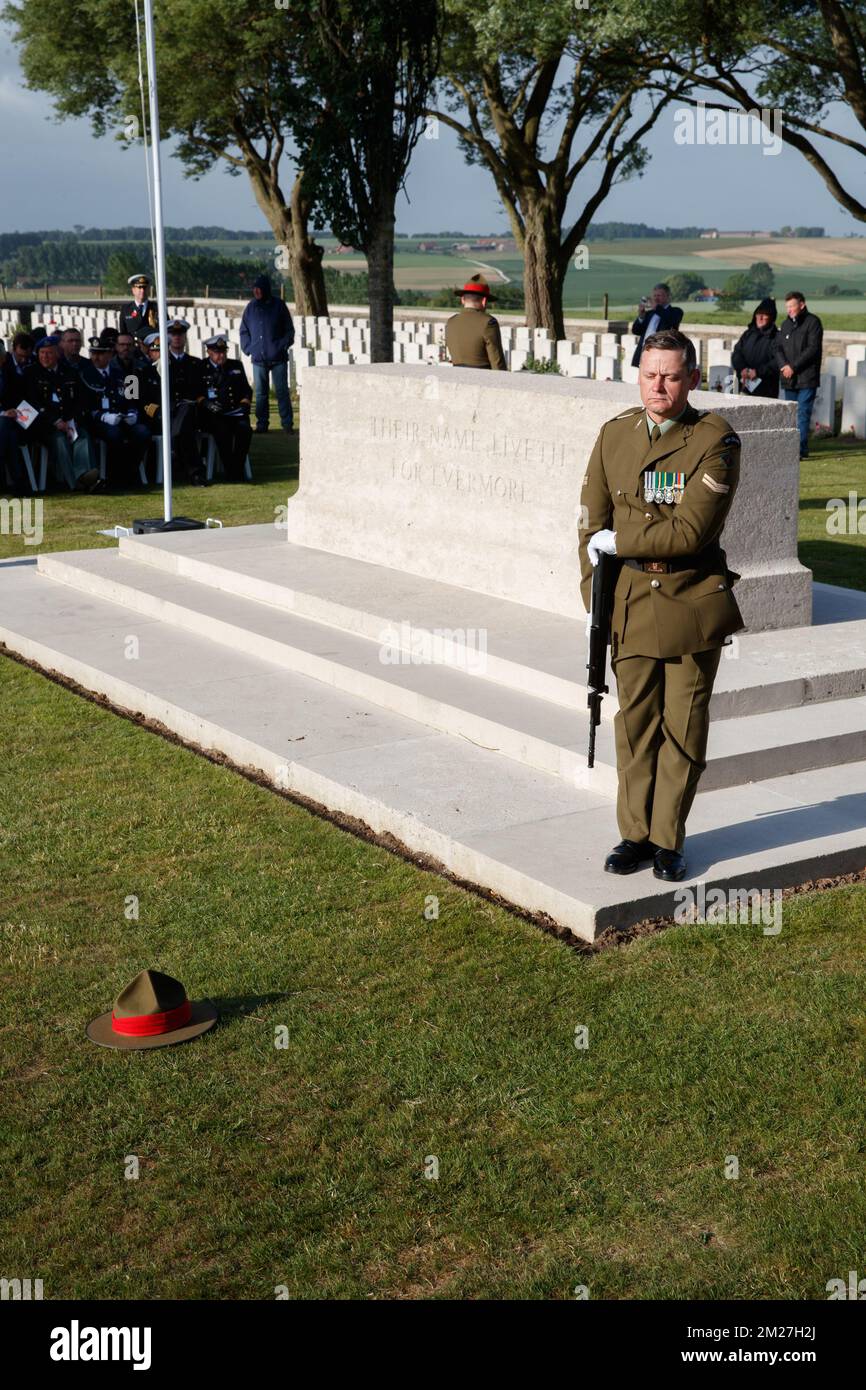 L'immagine mostra la commemorazione nazionale neozelandese del centenario della battaglia di Messines Ridge, a Mesen (Messines), mercoledì 07 giugno 2017. Oggi (07/06/2017) ricorre il 100th° anniversario dell'inizio del 'Mijnenslag' (Battaglia delle miniere) a Mesen, durante la prima guerra mondiale. BELGA FOTO KURT DESPLENTER Foto Stock