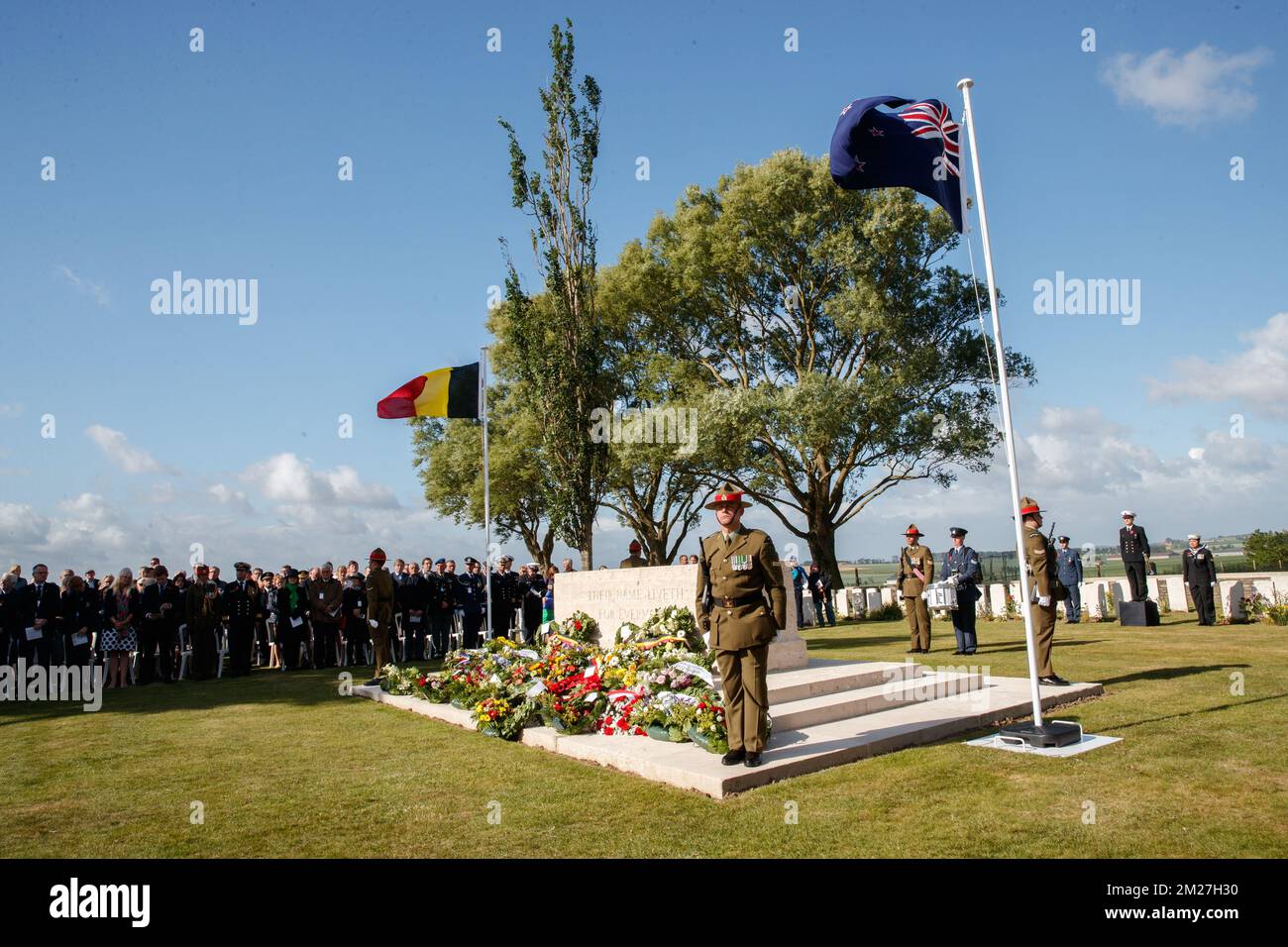 L'immagine mostra la commemorazione nazionale neozelandese del centenario della battaglia di Messines Ridge, a Mesen (Messines), mercoledì 07 giugno 2017. Oggi (07/06/2017) ricorre il 100th° anniversario dell'inizio del 'Mijnenslag' (Battaglia delle miniere) a Mesen, durante la prima guerra mondiale. BELGA FOTO KURT DESPLENTER Foto Stock
