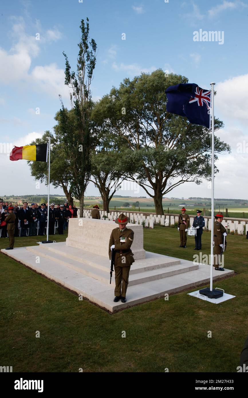 L'immagine mostra la commemorazione nazionale neozelandese del centenario della battaglia di Messines Ridge, a Mesen (Messines), mercoledì 07 giugno 2017. Oggi (07/06/2017) ricorre il 100th° anniversario dell'inizio del 'Mijnenslag' (Battaglia delle miniere) a Mesen, durante la prima guerra mondiale. BELGA FOTO KURT DESPLENTER Foto Stock