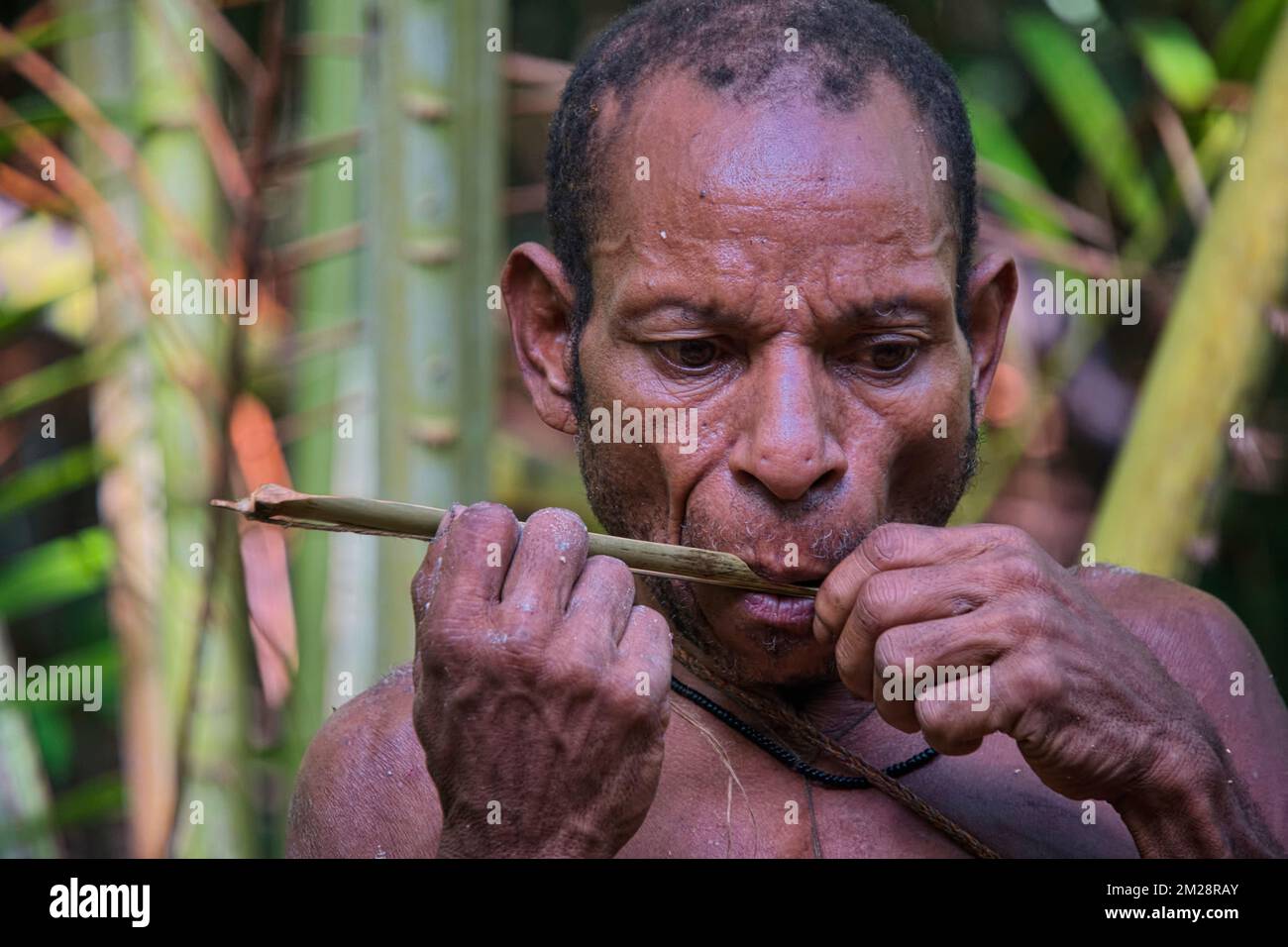 Questo strumento musicale tradizionale è fatto di wulu di bambù, e viene suonato soffiandolo dopo essere stato serrato sulle labbra e poi tirando la corda Foto Stock