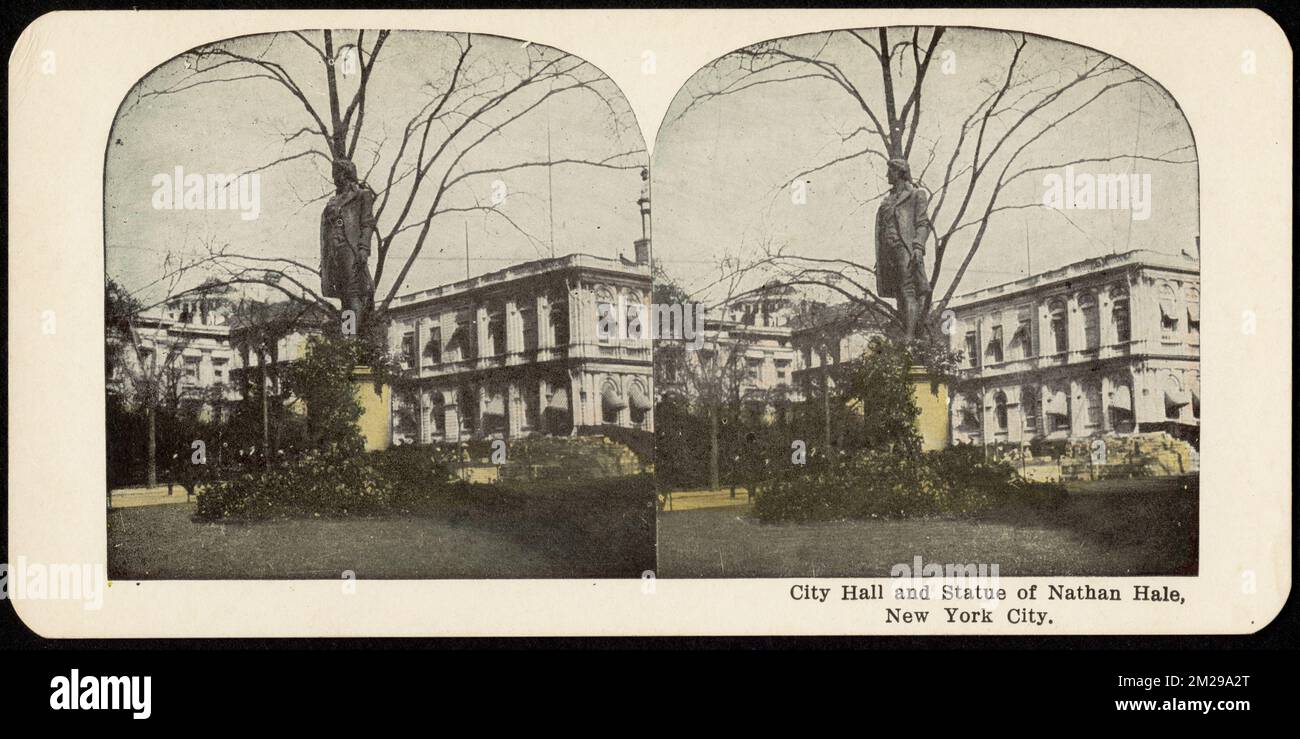 Municipio e statua di Nathan Hale, New York City, City Hall e Town Hall, scultura pubblica, Parchi Foto Stock
