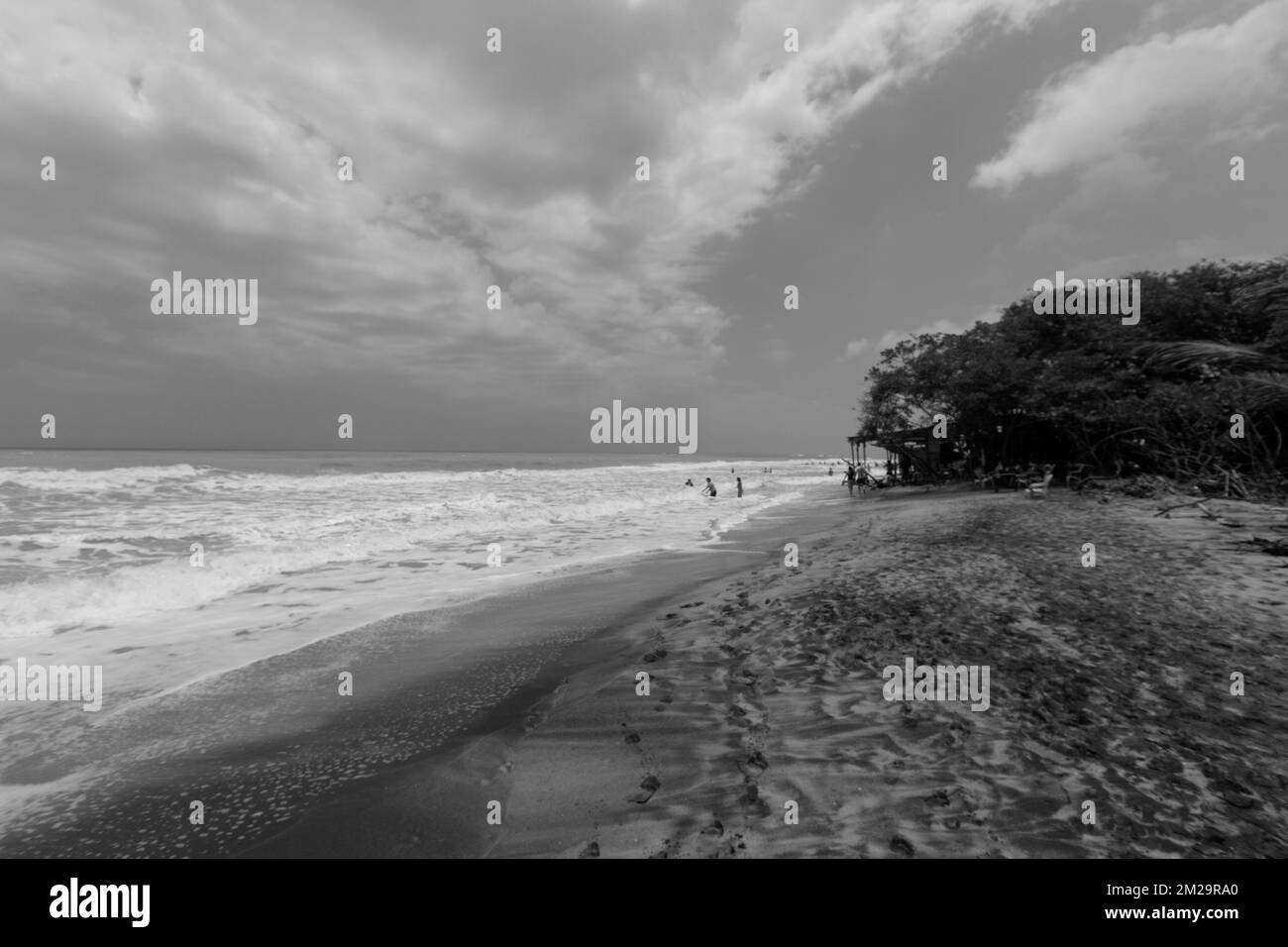 splendido paesaggio della spiaggia colombiana di palomino con l'oceano caraibico e turistico godendo di acqua. Fotografia in bianco e nero Foto Stock