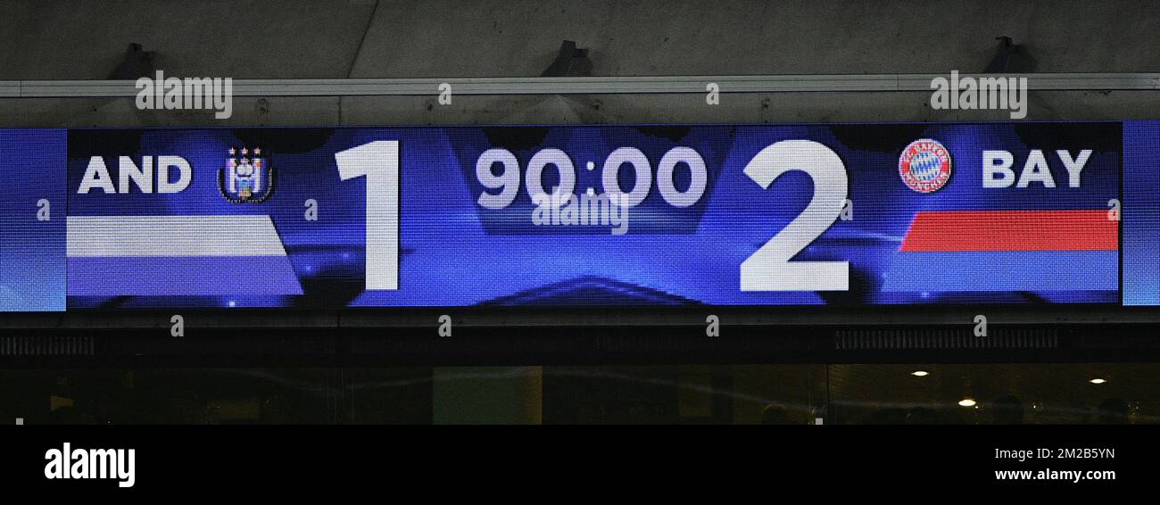 L'immagine mostra il tabellone dopo una partita di calcio tra il club belga RSC Anderlecht e la squadra tedesca FC Bayern Munchen, mercoledì 22 novembre 2017 a Bruxelles, partita cinque su sei nella fase di gruppo (Gruppo B) del concorso UEFA Champions League. FOTO DI BELGA YORICK JANSENS Foto Stock