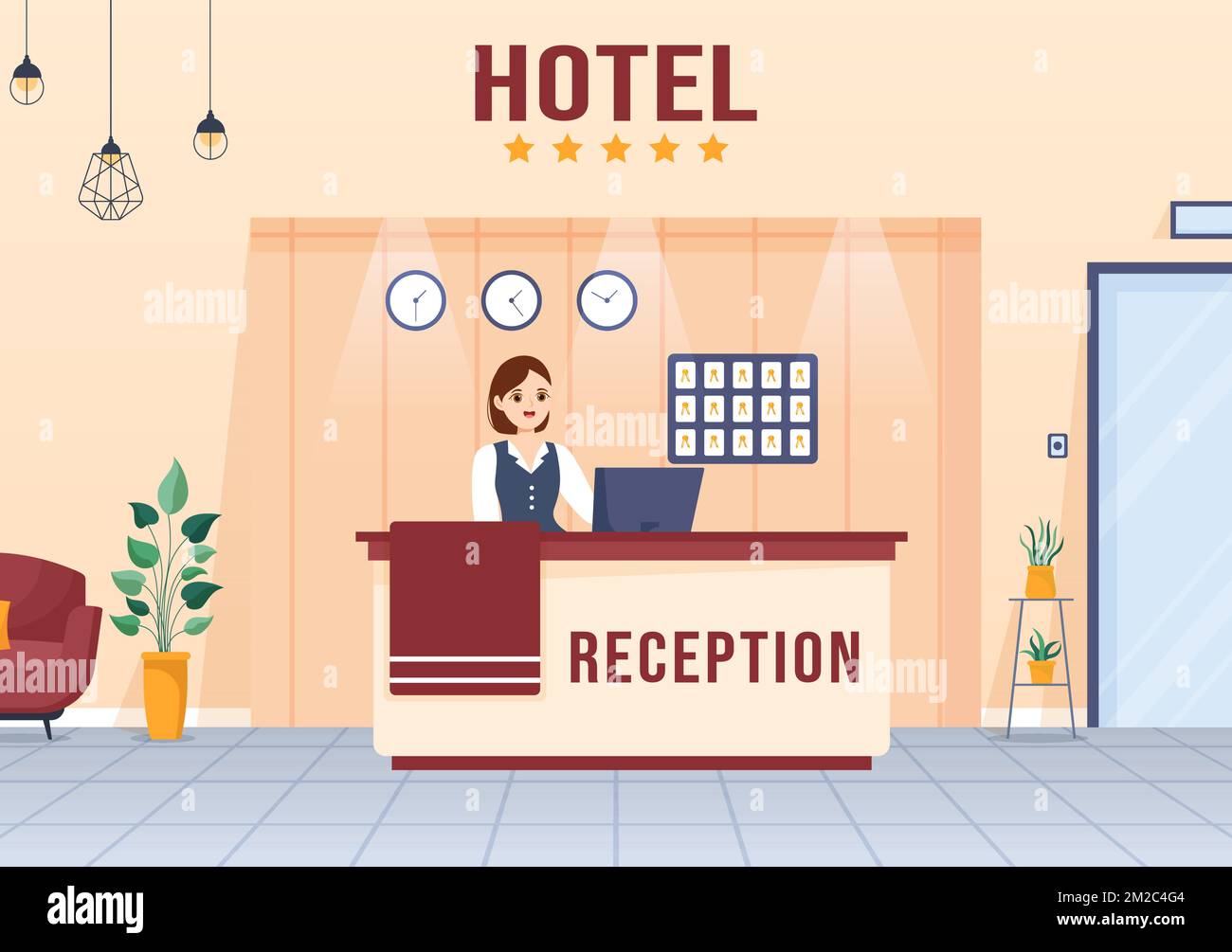 Interni della reception dell'hotel con persone e viaggiatori receptionist per la prenotazione in Cartoon piano disegno a mano modello Illustrazione Illustrazione Vettoriale