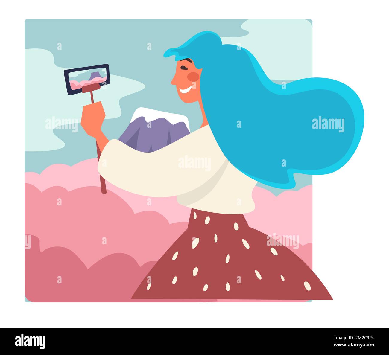 Viaggiatore che prende selfie da Mount, personaggio femminile con telefono Illustrazione Vettoriale