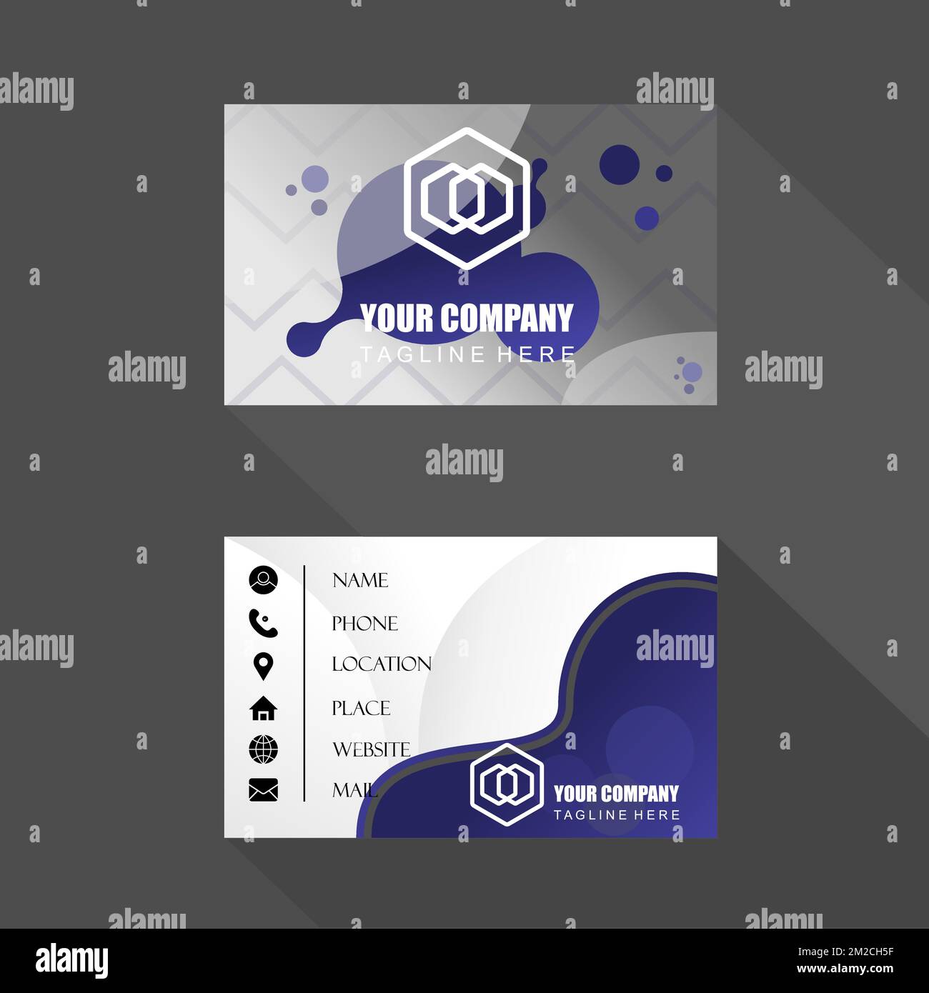 Colore blu scuro biglietto da visita modello anteriore e posteriore immagine grafica icona logo disegno astratto concetto stock vettoriale. relativo alla promozione o al profilo Illustrazione Vettoriale