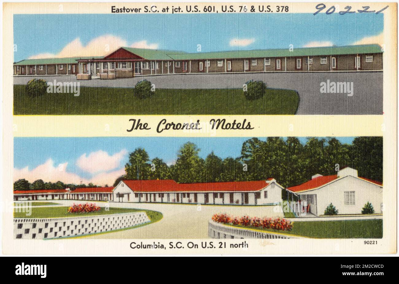 Il Coronet Motel, Eastover S. C. a jct. Stati Uniti 76 e Stati Uniti 378, Columbia, S.C., Stati Uniti 21 nord, Motel, Tichnor Brothers Collection, cartoline degli Stati Uniti Foto Stock