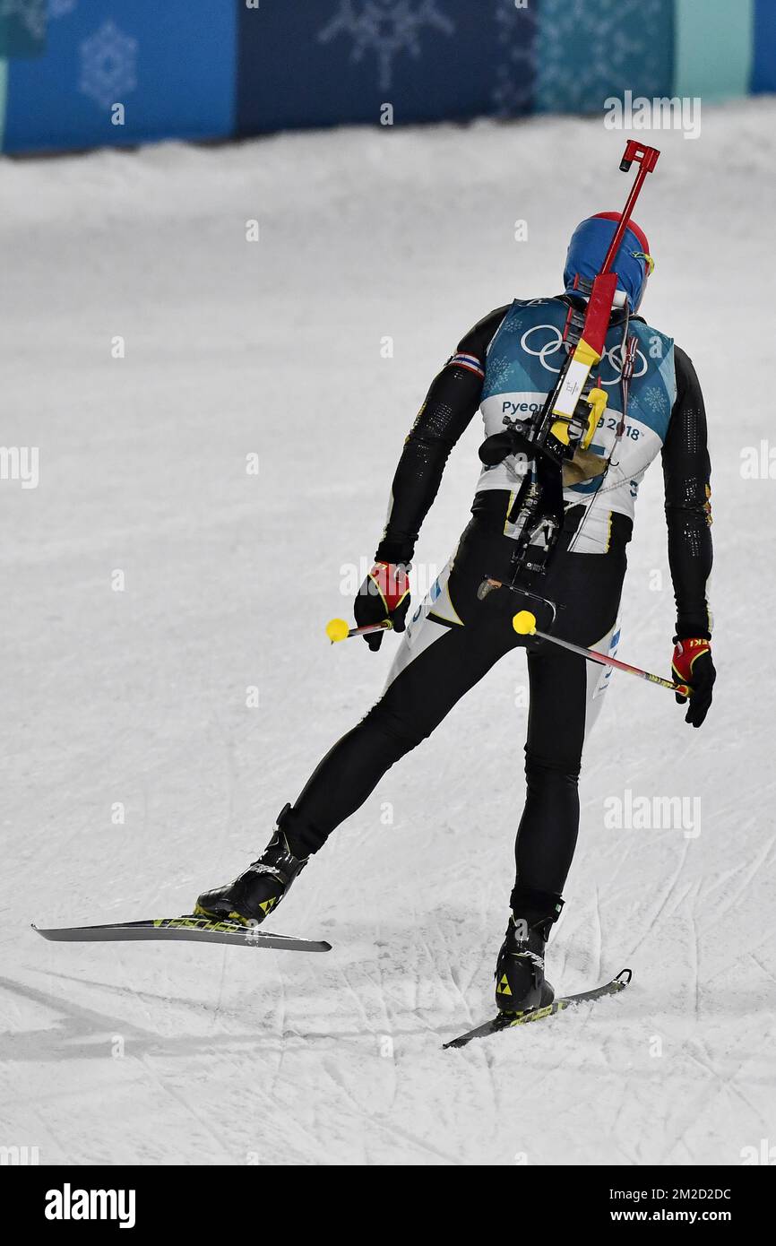 Il pilota belga di biathlon Florent Claude ha illustrato durante l'evento maschile di biathlon a inseguimento 12,5km ai XXIII Giochi Olimpici invernali, lunedì 12 febbraio 2018, a Pyeongchang, Corea del Sud. Le Olimpiadi invernali si terranno dal 9 febbraio al 25 febbraio nella contea di Pyeongchang, Corea del Sud. FOTO DI BELGA DIRK WAEM Foto Stock