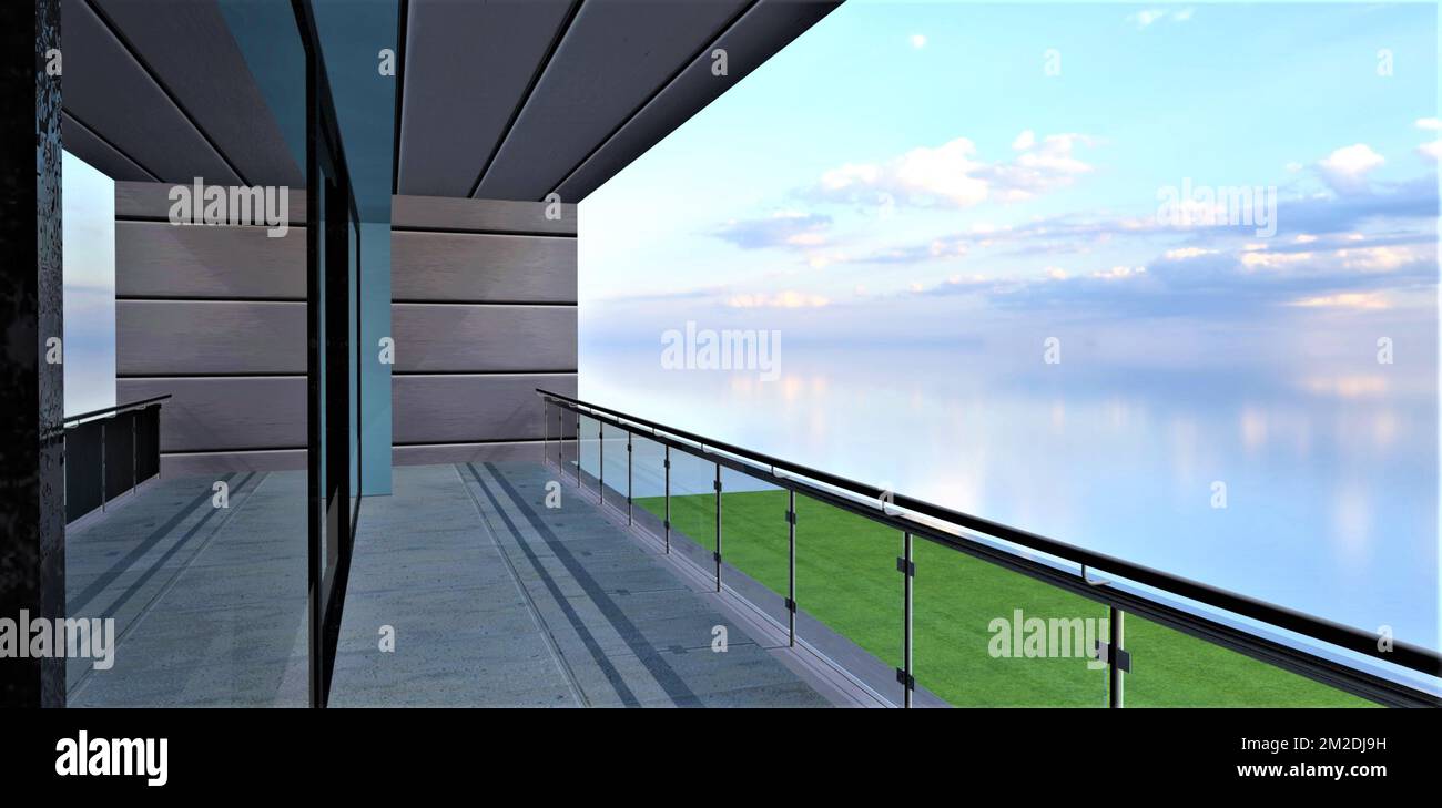 Splendida vista sul lago appannato dal moderno balcone con pavimento in cemento e recinzione in vetro. rendering 3d. Foto Stock