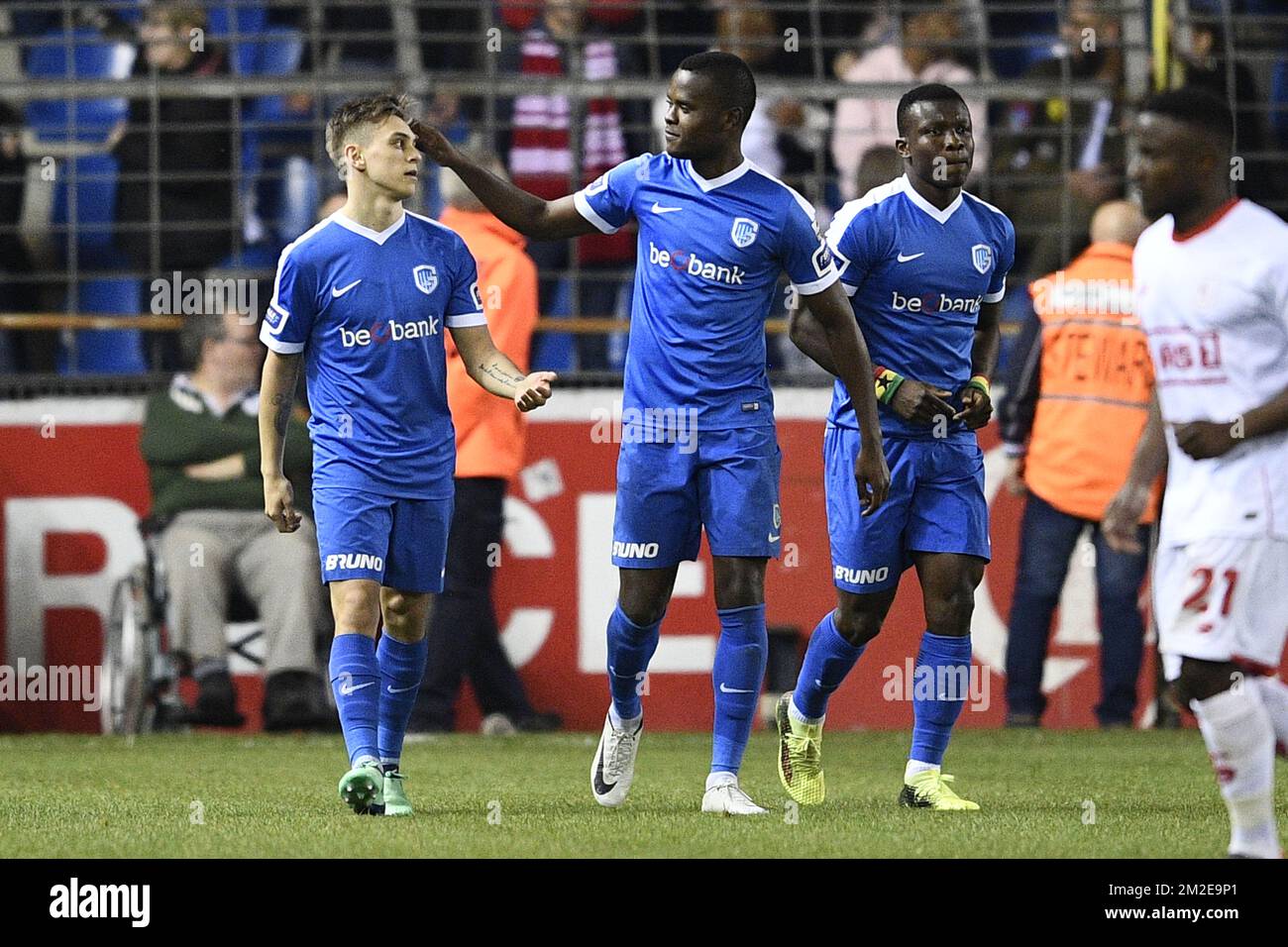 Genk's Leandro Trossard and Genk's Aly Mbwana Samatta celebrate during the Jupiler Pro League