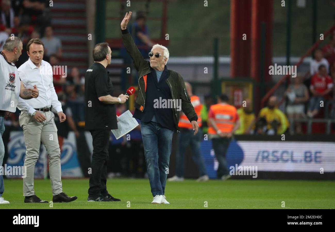 Il francese Gerard Darmon ha illustrato durante la partita della Jupiler Pro League tra Standard de Liege e RSCA Anderlecht, a Liegi, mercoledì 18 aprile 2018, il quarto giorno del Play-off 1 del campionato di calcio belga. BELGA PHOTO VIRGINIE LEFOUR Foto Stock