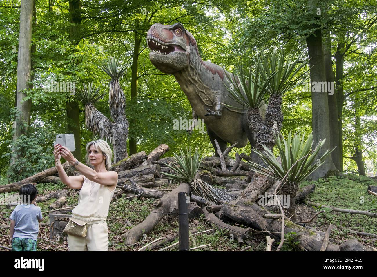 Donna con bambino che prende selfie con smartphone di fronte al Tyrannosaurus rex, coelurosaurian theropod dinosaur del periodo cretaceo superiore | Réplique de tyrannosaure, dinosaure du partie supérieure du maastrachtien, dernier étage du sistème Crétacé 09/05/2018 Foto Stock