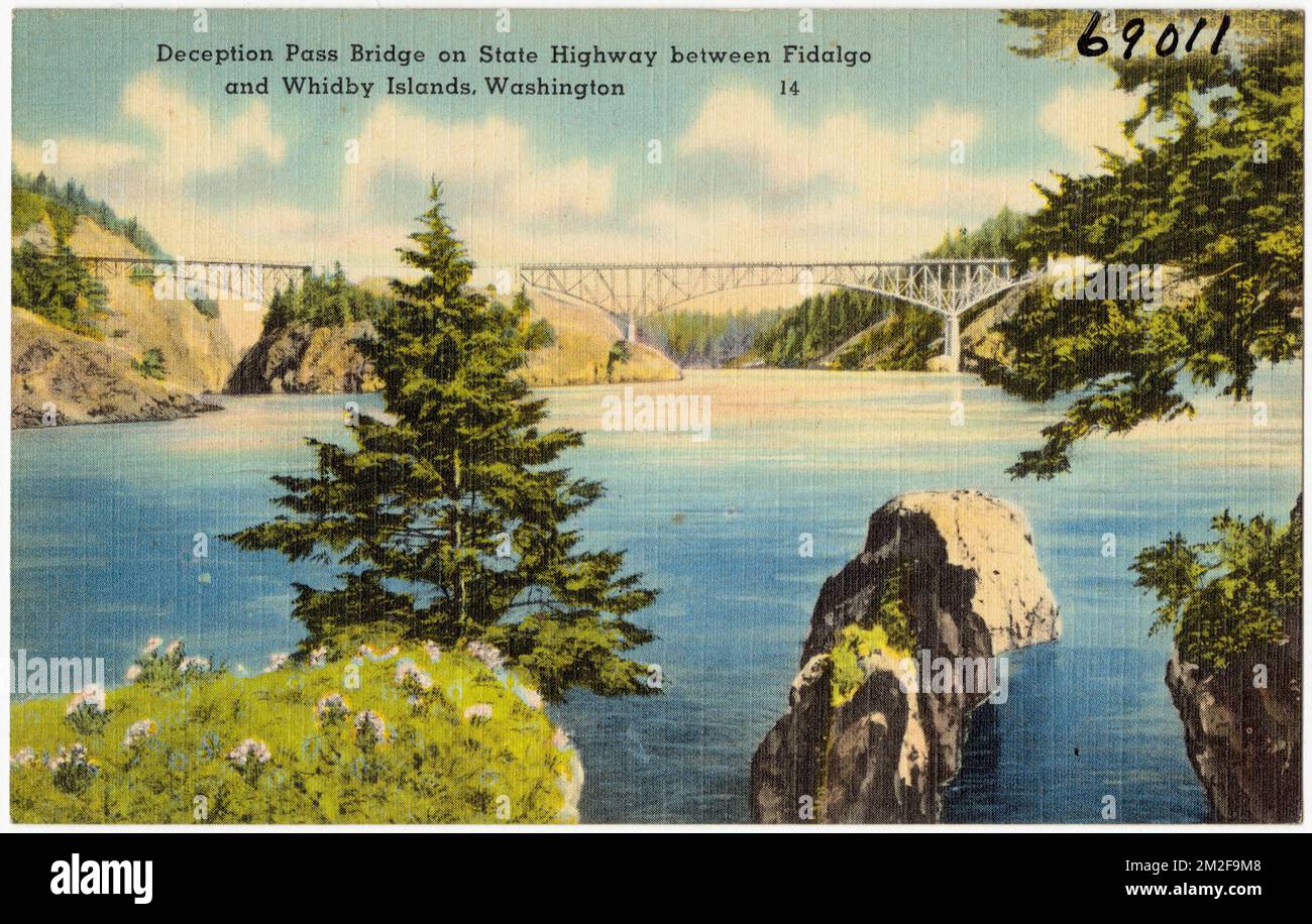 Ponte Deception Pass sulla state Highway tra Fidalgo e Whidby Island, Washington, Bridges, Tichnor Brothers Collection, cartoline degli Stati Uniti Foto Stock