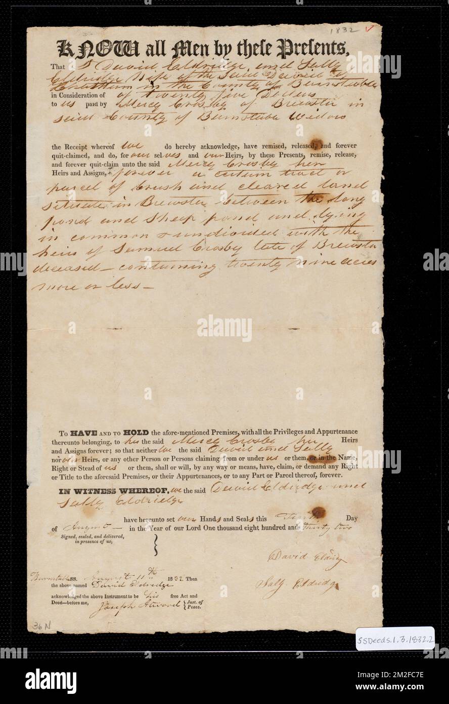 Atto di proprietà in Brewster venduto a Mercy Crosby di Brewster da David Eldridge e Sally Eldridge di Chatham ,. Stanley Smith Deed Collection Foto Stock