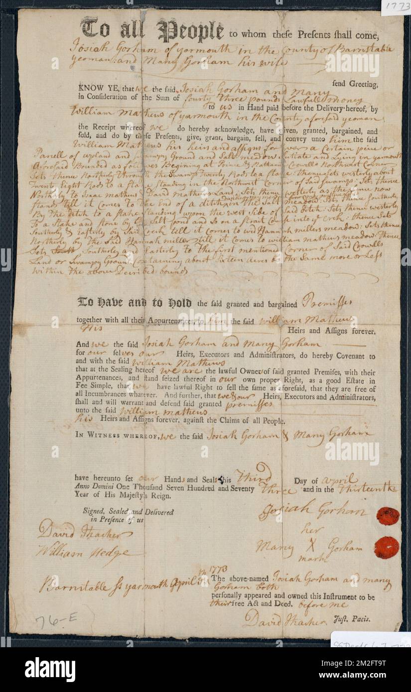 Atto di proprietà a Yarmouth venduto a William Matthews di Yarmouth da Josiah Gorham e Mary Gorham di Yarmouth ,. Stanley Smith Deed Collection Foto Stock