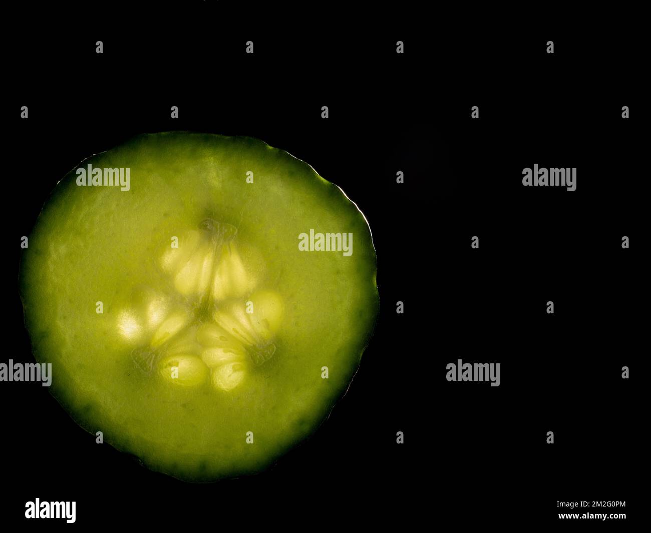 Una sottile fetta di frutta o verdura fotografata contro la retroilluminazione in un ambiente da studio. La texture traslucida e i dettagli vivaci Foto Stock