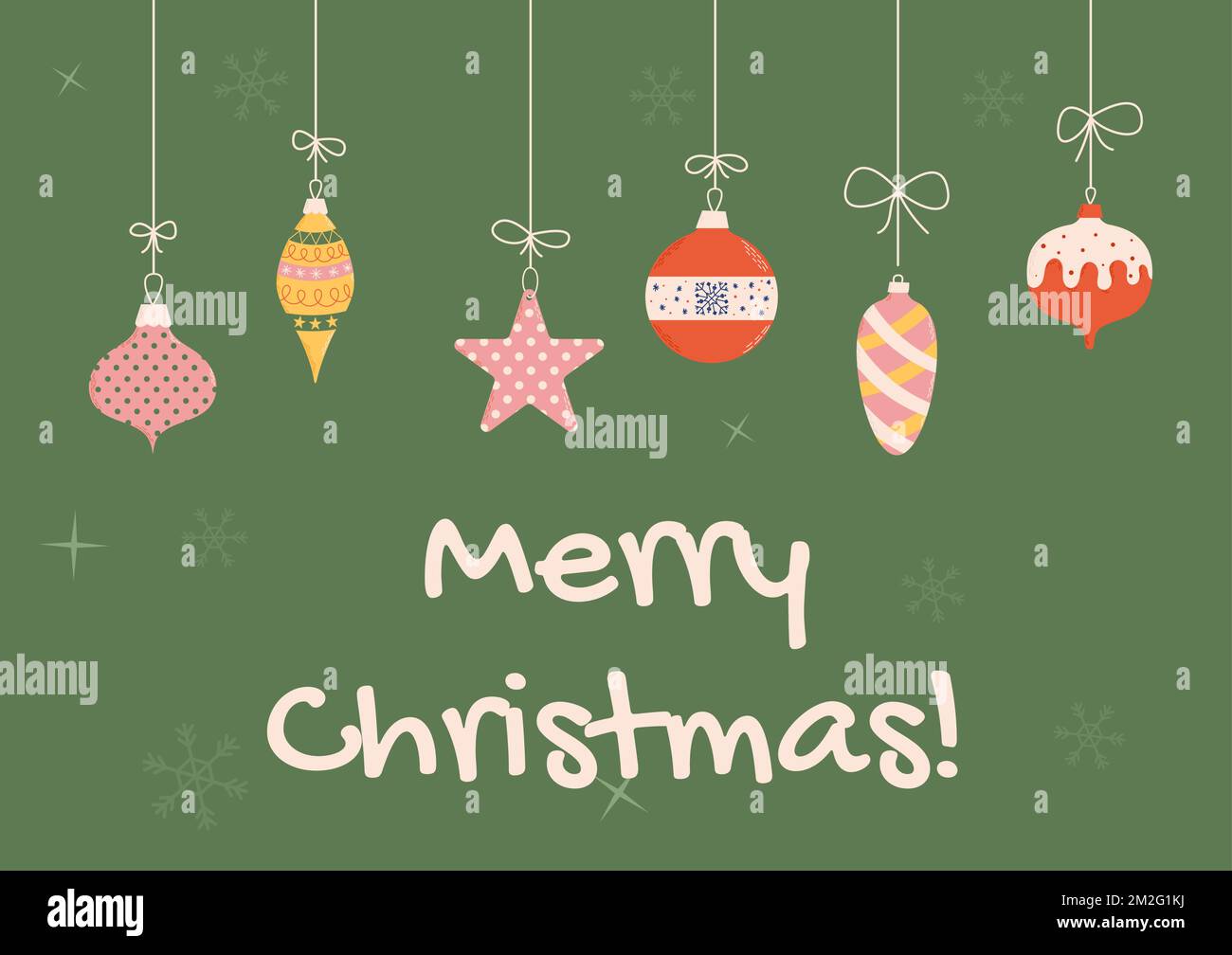 Carta di Natale groovy con giocattoli di natale. Concetto di celebrazione di Natale e Capodanno. Ideale per biglietti d'auguri, inviti, banner, web design. Illustrazione Vettoriale
