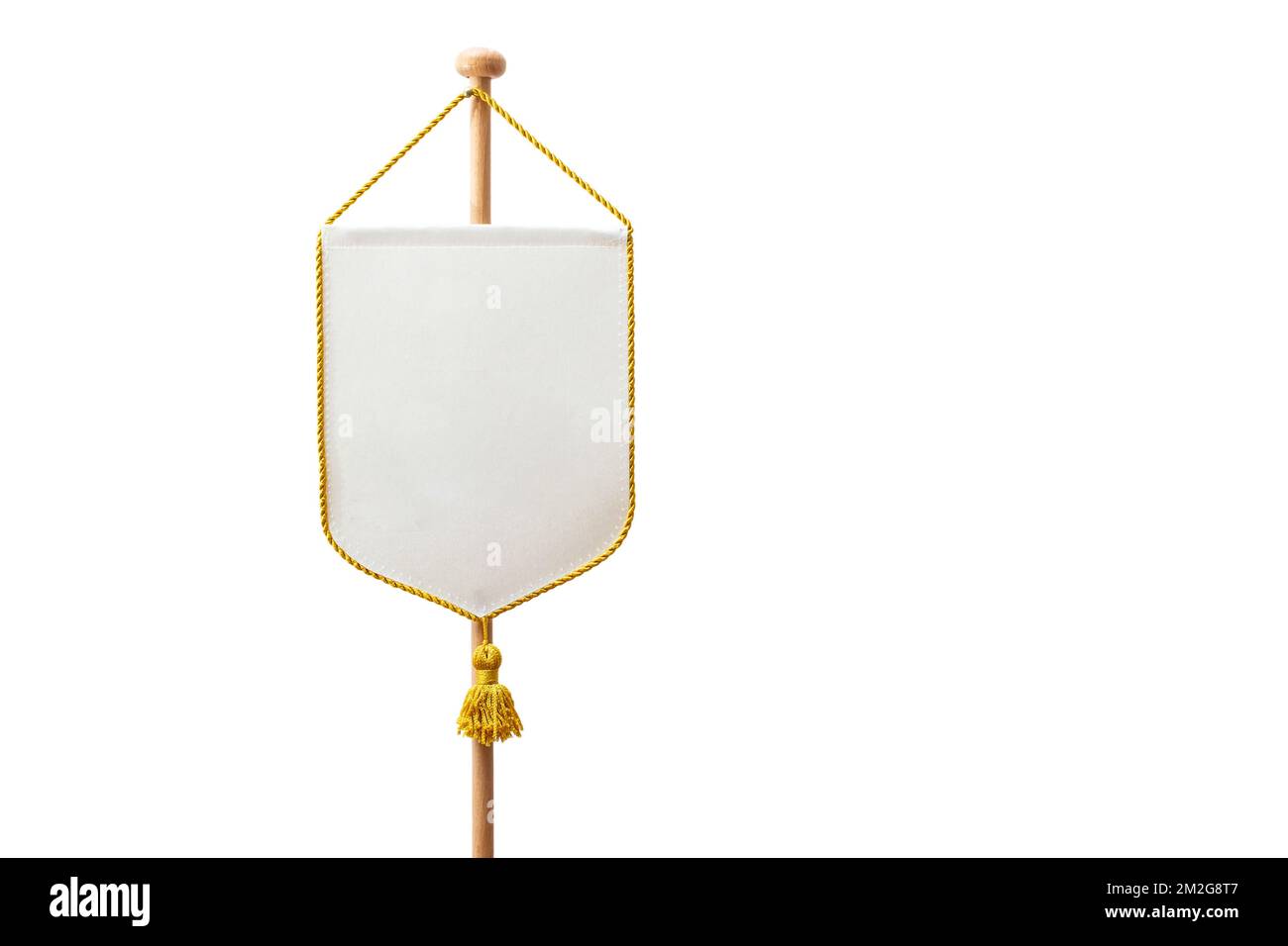 Tessuto bianco Pennant bianco con frange d'oro su fondo bianco. Flag banner informazioni isolato Foto Stock