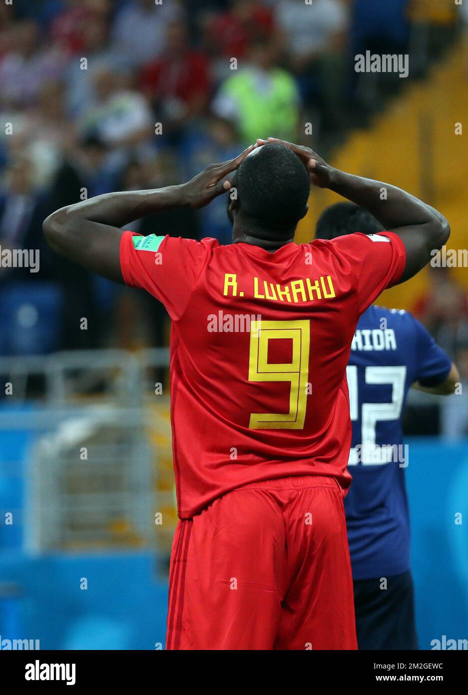 Romelu Lukaku in Belgio reagisce in una partita del 16 tra la nazionale belga di calcio Red Devils e il Giappone a Rostov, Russia, lunedì 02 luglio 2018. FOTO DI BELGA BRUNO FAHY Foto Stock