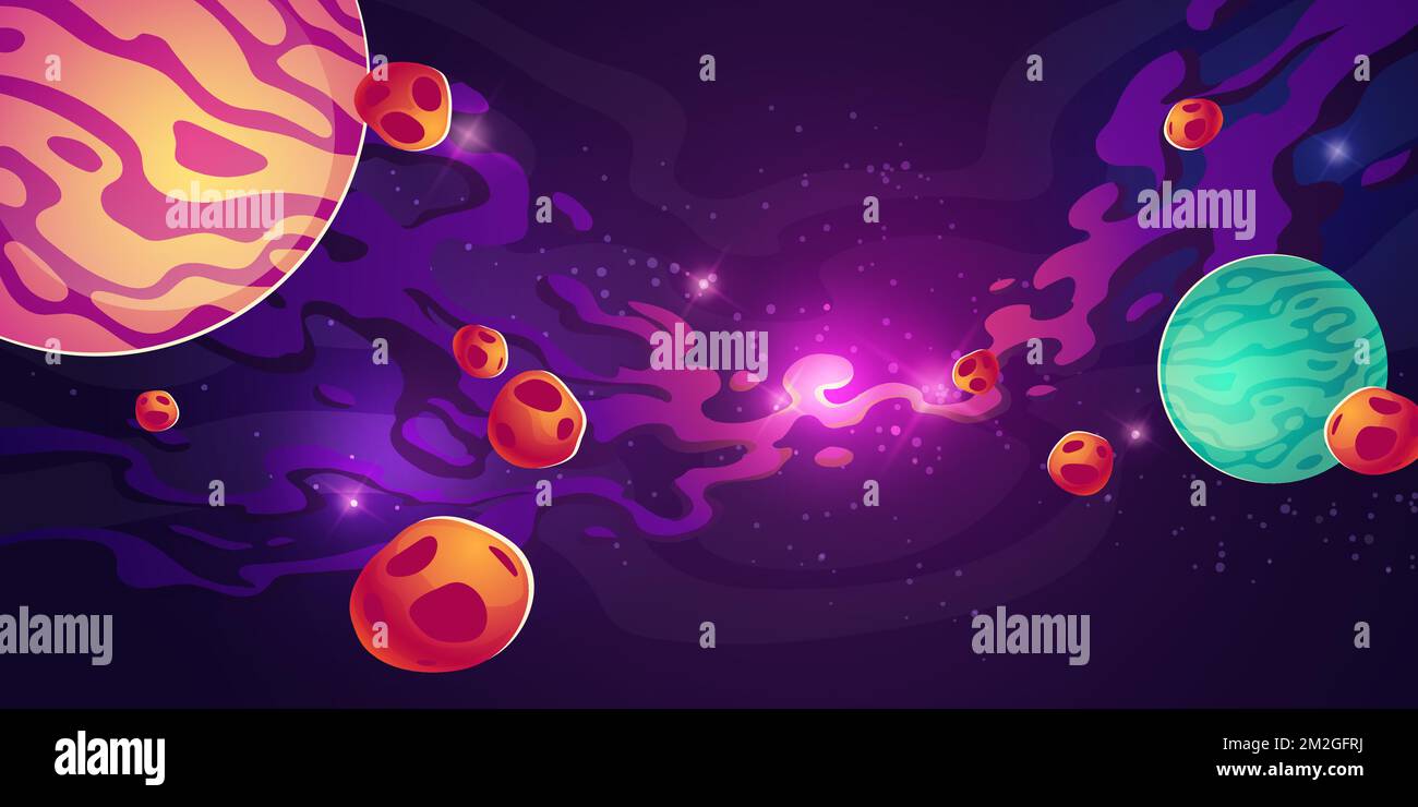 Pianeti nello spazio esterno con satelliti, meteore, asteroidi e nebulose in cielo stellato scuro. Galaxy, cosmo, universo futuristico fantasy visualizzare sfondo per il gioco per computer. Illustrazione vettoriale cartoon Illustrazione Vettoriale