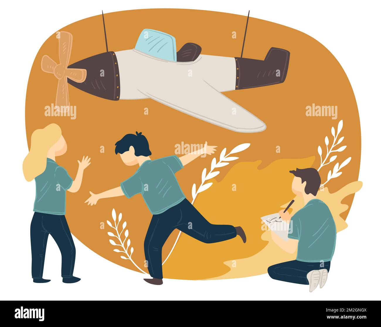 Bambini della scuola che giocano nel museo dell'aviazione militare Illustrazione Vettoriale