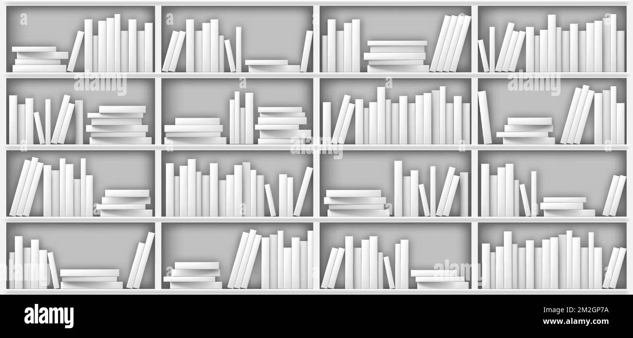 Bianco scaffale mockup, libri su scaffale in biblioteca, casa, scuola o ufficio interno. Volumi con il supporto cartaceo vuoto in fila e giacente in pila sul rack in piedi sul pavimento, realistici 3D vettoriali mock up Illustrazione Vettoriale