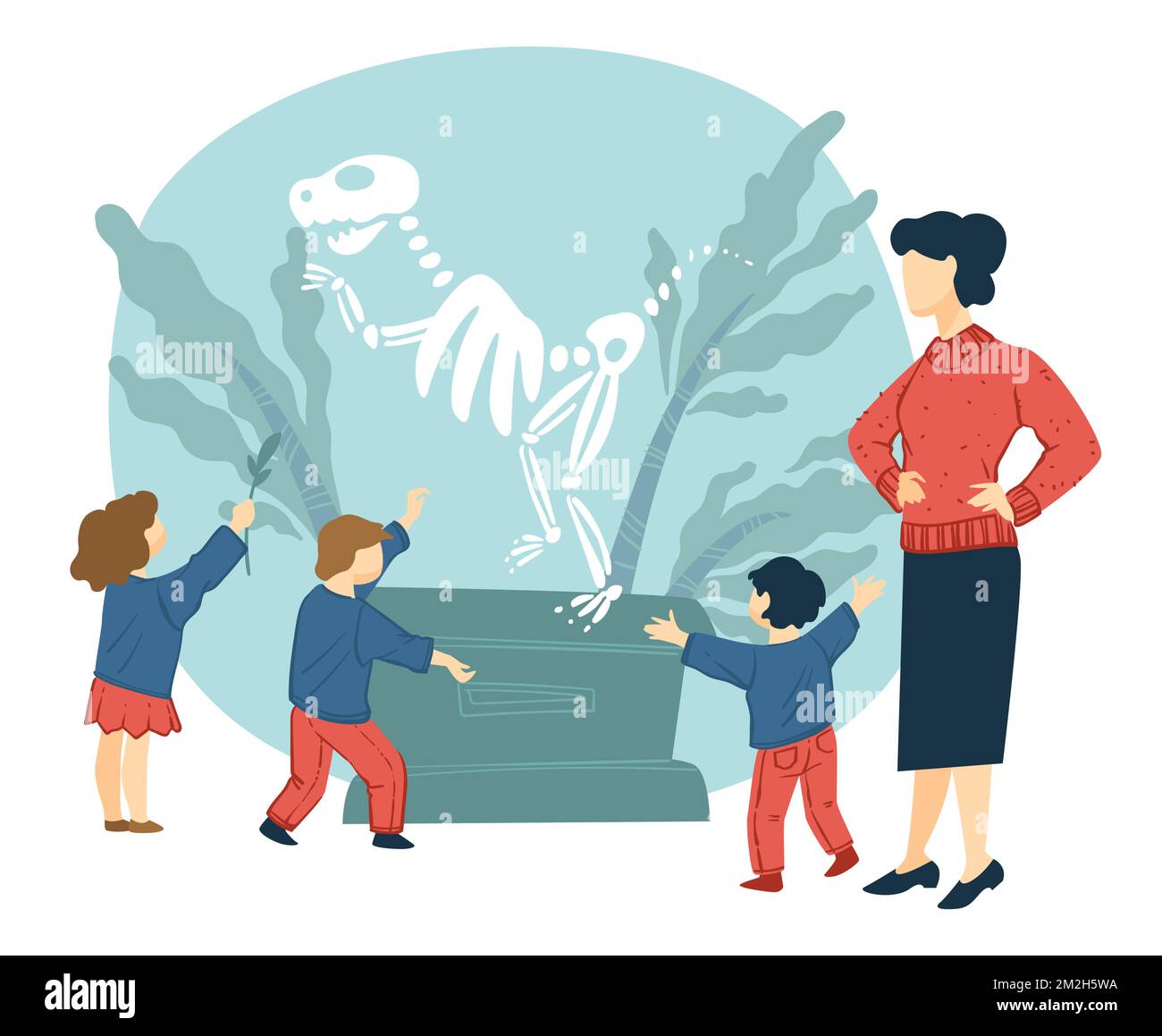 Insegnante e bambini in visita al museo di storia Illustrazione Vettoriale