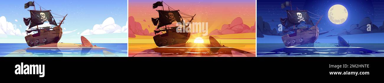 Rotta nave pirata su isola di mare di notte, tramonto e pomeriggio. Cartoni animati vettoriali illustrazioni del paesaggio oceanico con spiaggia di sabbia e vecchia barca corsair dopo il naufragio in diverse ore del giorno Illustrazione Vettoriale
