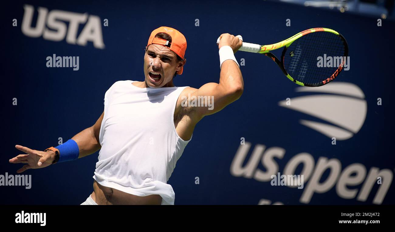 Lo spagnolo Rafael Nadal ha mostrato in azione durante una sessione di allenamento in vista del torneo di tennis US Open Grand Slam 118th, a Flushing Meadow, a New York City, USA, venerdì 24 agosto 2018. FOTO DI BELGA YORICK JANSENS Foto Stock