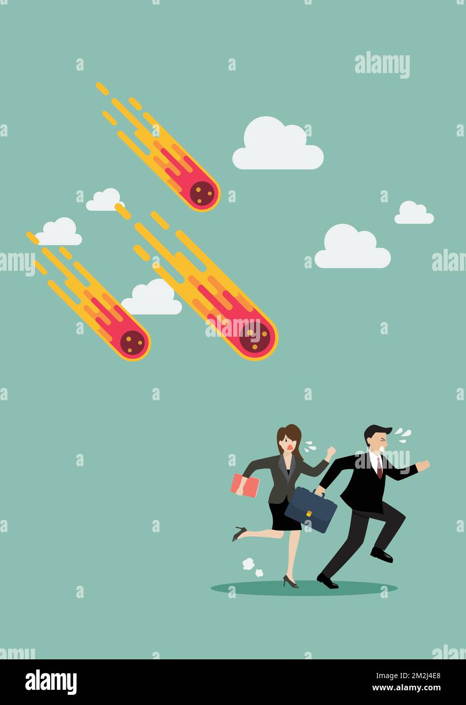 Uomini d'affari scappare da meteorite. Concetto di metafora aziendale. Illustrazione vettoriale Illustrazione Vettoriale