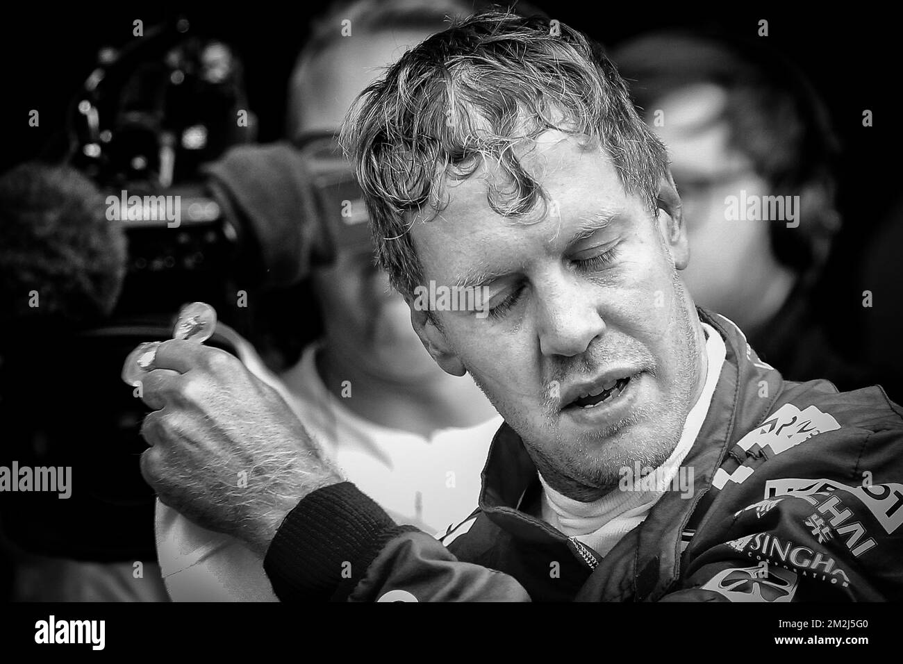 Il pilota tedesco della Ferrari Sebastian Vettel festeggia dopo il Gran Premio di Formula uno di Spa-Francorchamps in Belgio, domenica 26 agosto 2018 a Spa-Francorchamps. FOTO DI BELGA BRUNO FAHY Foto Stock