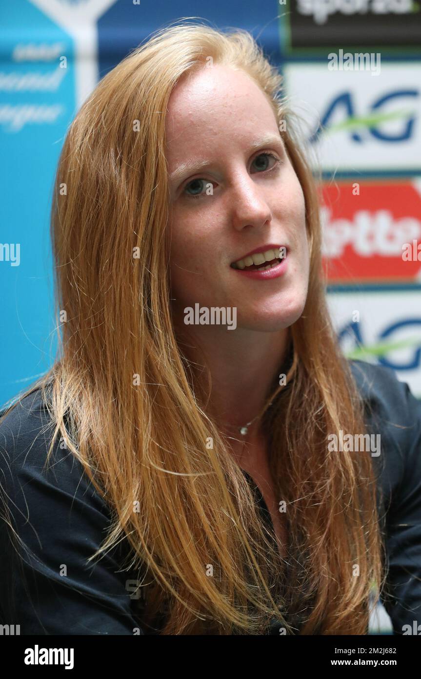 Il belga Margo Van Puyvelde ha illustrato nel corso di una conferenza stampa sull'edizione 2018 del Belgacom Memorial Van Damme Athletics Meeting, lunedì 27 agosto 2018 a Bruxelles. BELGA PHOTO VIRGINIE LEFOUR Foto Stock