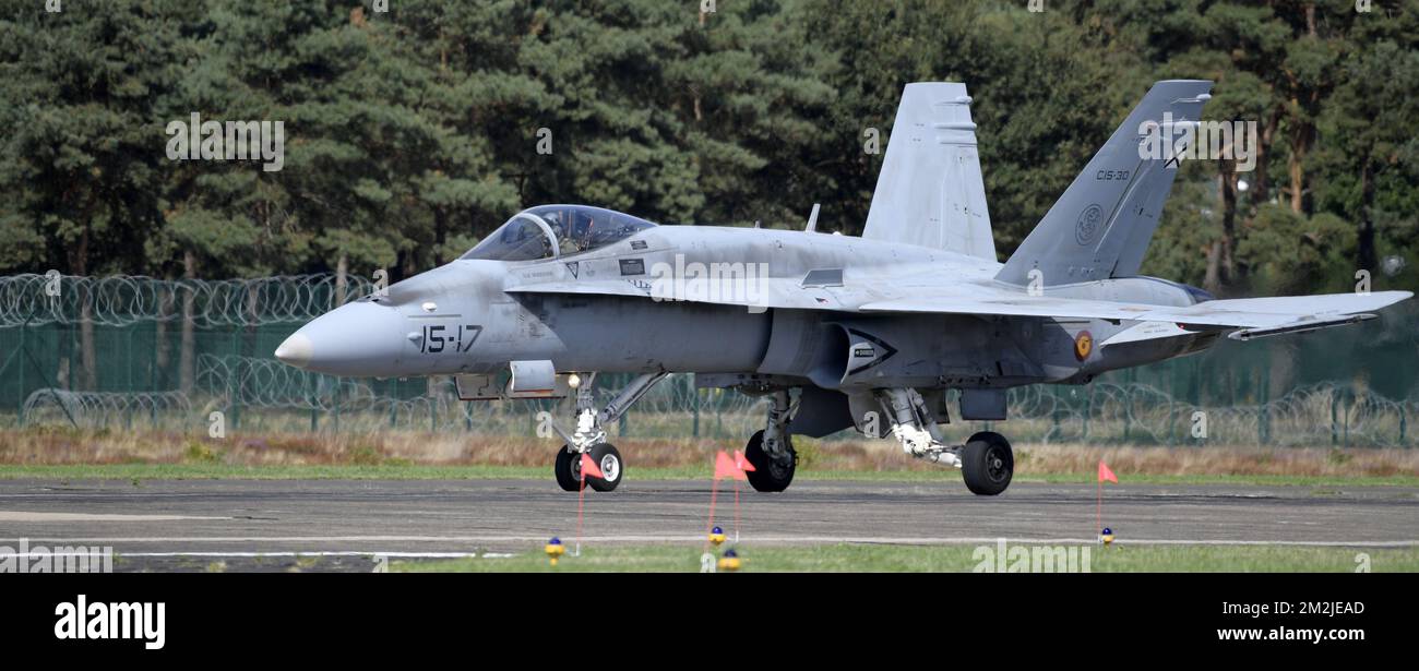 Il Boeing spagnolo F-18C Hornet Fighter Jet ha mostrato in vista dello spettacolo aereo militare dei giorni dell'aeronautica belga (BAF Days) di questo fine settimana all'aeroporto militare Kleine-Brogel di Peer, venerdì 07 settembre 2018. FOTO DI BELGA YORICK JANSENS Foto Stock