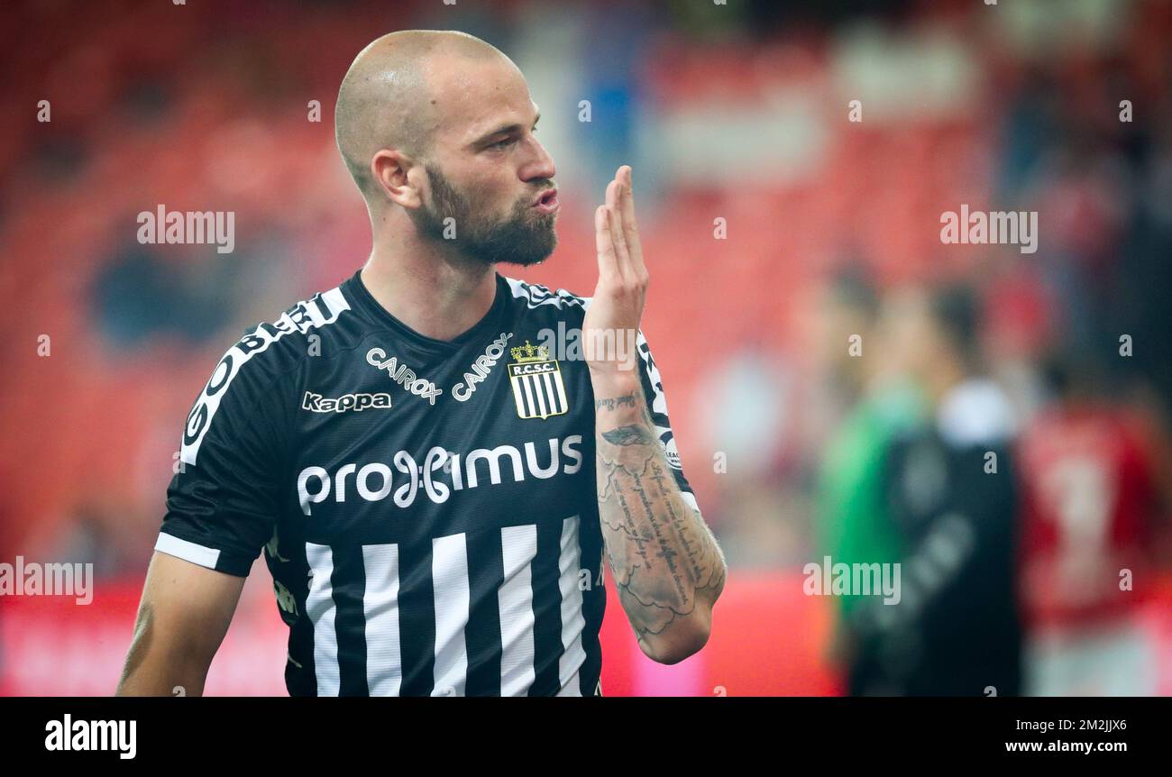 Dorian Dessoleil di Charleroi festeggia dopo la partita della Jupiler Pro League tra Standard de Liege e Sporting Charleroi, a Liegi, sabato 15 settembre 2018, il 7th° giorno della Jupiler Pro League, la stagione calcistica belga 2018-2019. BELGA PHOTO VIRGINIE LEFOUR Foto Stock