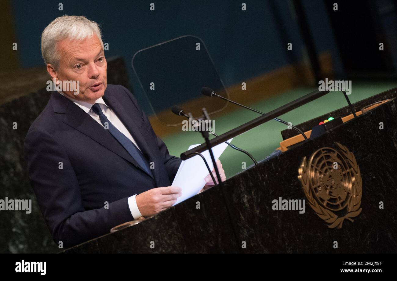 Il Ministro degli esteri belga Didier Reynders ha tenuto un discorso durante una riunione plenaria del vertice di pace di Nelson Mandela alla 73th sessione dell'Assemblea generale delle Nazioni Unite (UNGA 73), a New York City, Stati Uniti d'America, lunedì 24 settembre 2018. BELGA FOTO BENOIT DOPPAGNE Foto Stock