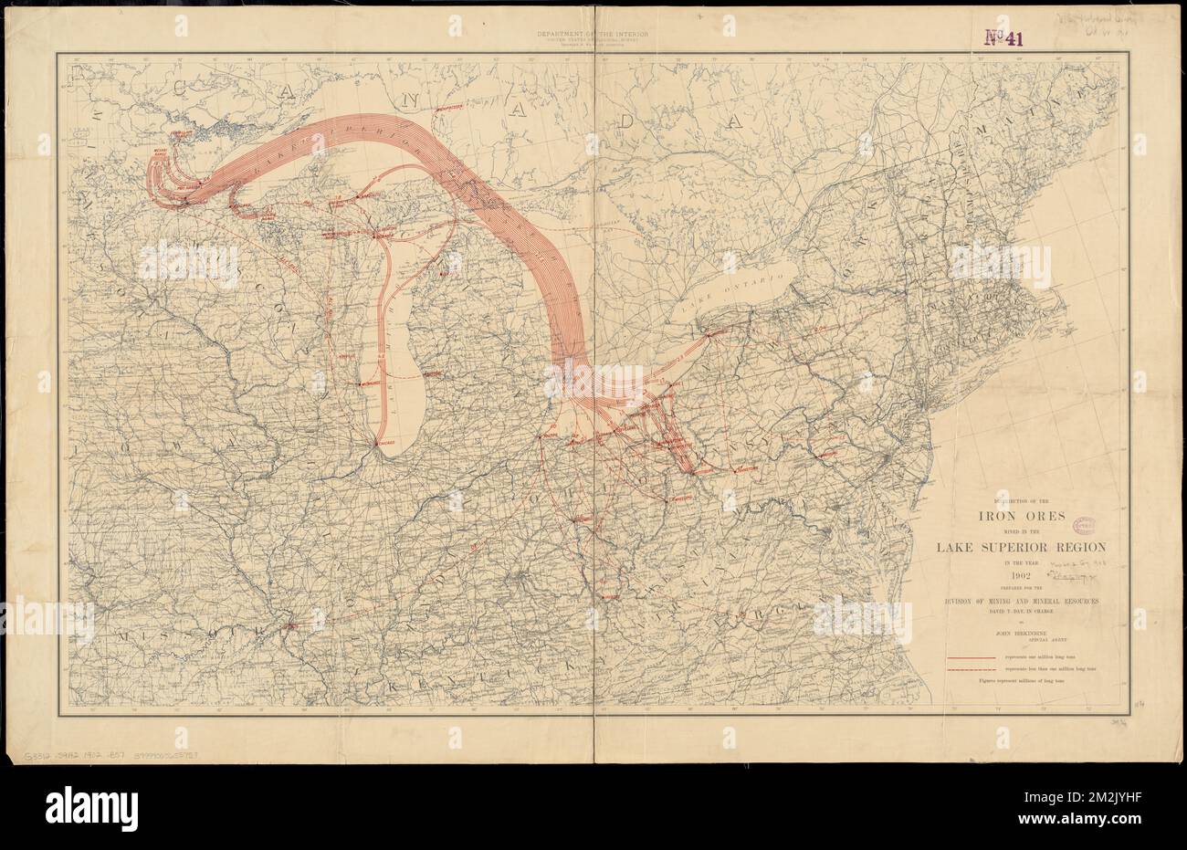 Distribution of the iron ores mined in the Lake Superior Region in the year 1902 , Iron ores, Great Lakes Region North America, Maps, Iron industry and trade, Great Lakes Region North America, Maps, Iron ores, Transportation, Superior, Lake, Maps, Shipping, Great Lakes North America, Maps, Great Lakes Region North America, Maps Norman B. Leventhal Map Center Collection Foto Stock