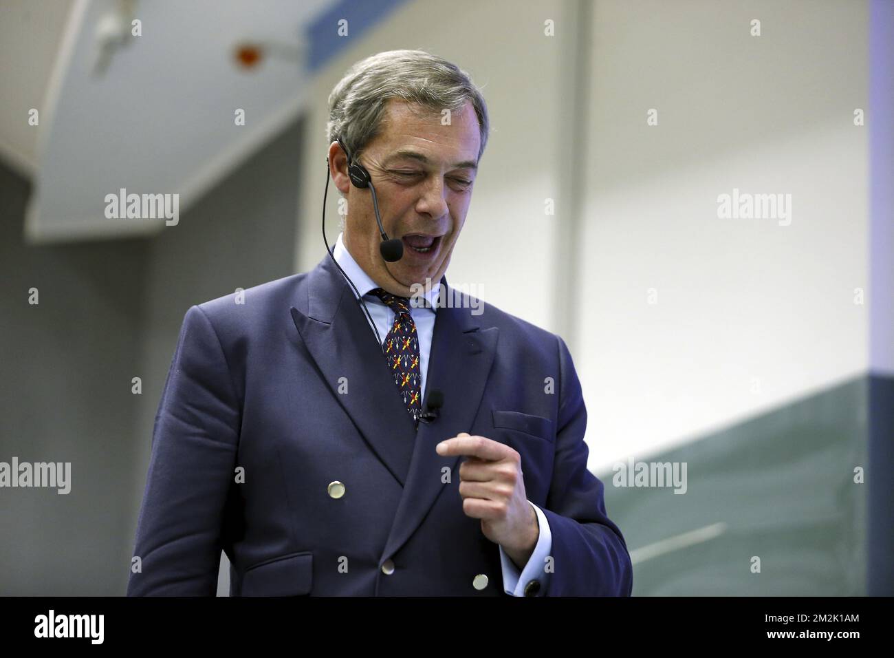 Una conferenza del politico britannico Farage organizzata dal capitolo Gent del sindacato nazionalista conservatore fiammingo KVHV, venerdì 28 settembre 2018 a Gent. L'ex leader dell'UKIP Farage è ora vicepresidente dell'organizzazione pro Brexit "Leave significa Leave”. FOTO DI BELGA NICOLAS MAETERLINCK Foto Stock