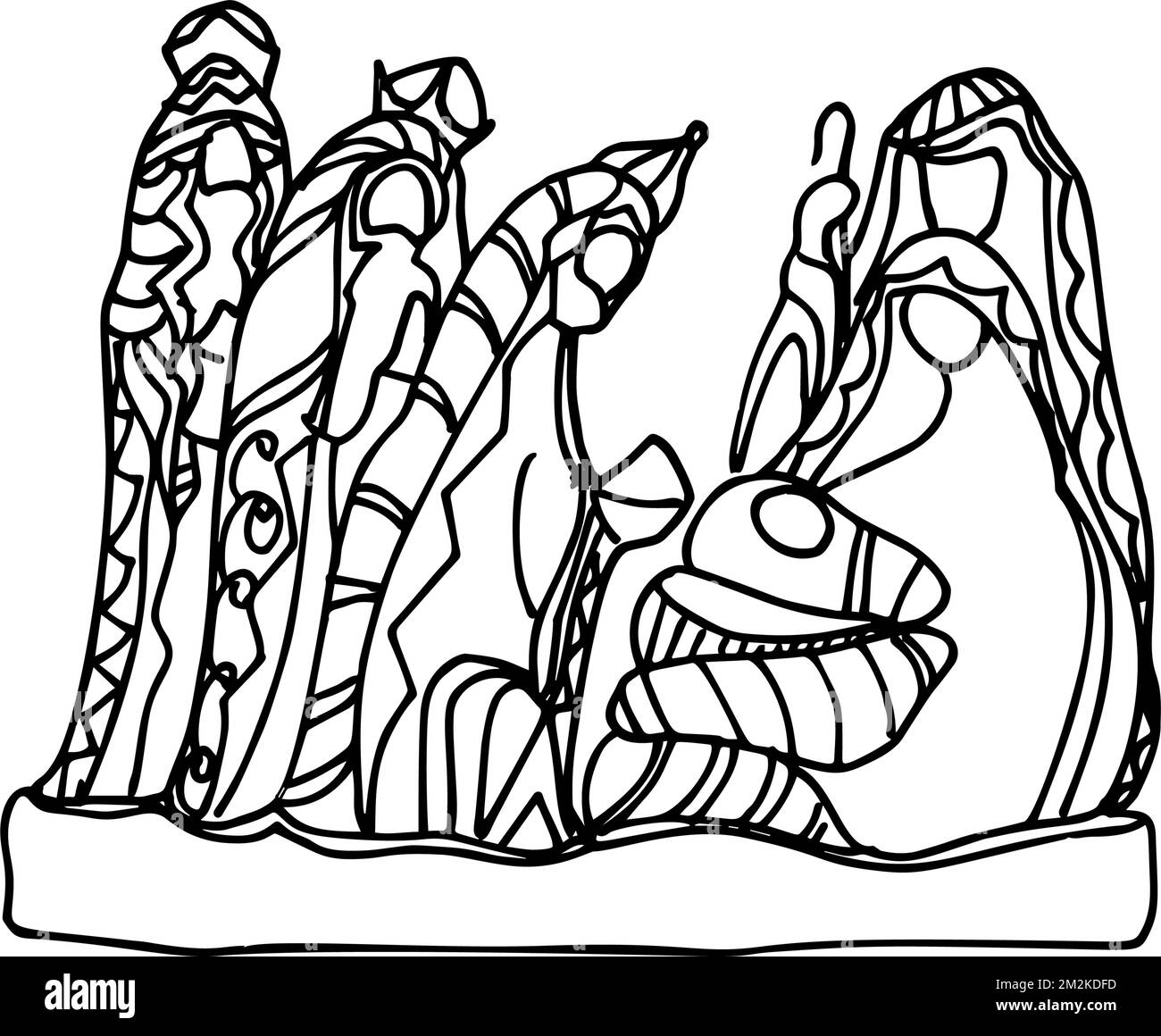 Illustrazione in bianco e nero a colori per buon Natale e buon anno Print Design. Natale Presepe religioso astratto artistico Presepe di Betlemme scena Illustrazione Vettoriale