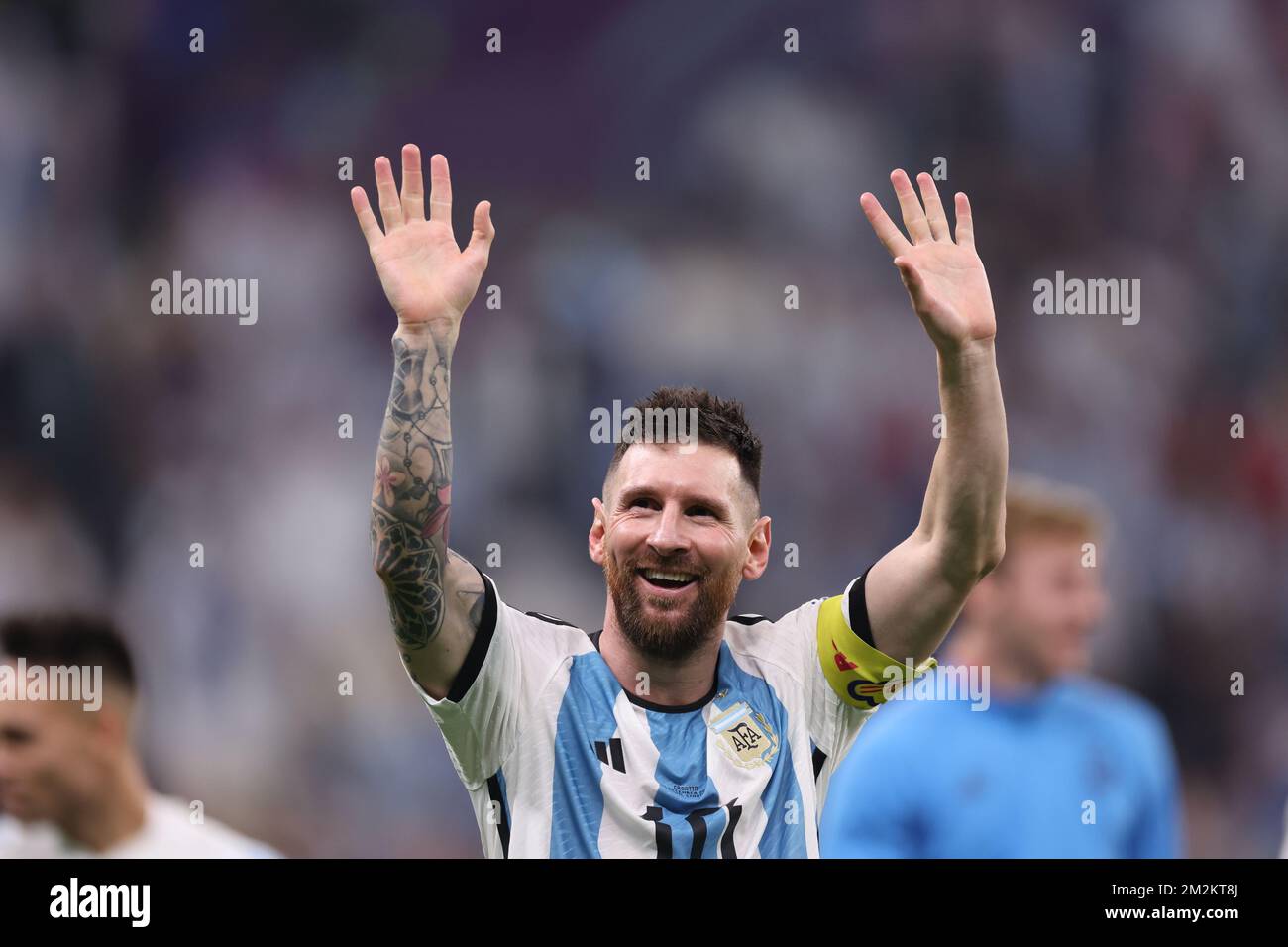 STADIO DI LUSAIL, QATAR - 13 DICEMBRE: Lionel messi festeggia dopo la partita di semifinale della Coppa del mondo FIFA Qatar 2022 tra Croazia e Argentina allo stadio di Lusail il 13 dicembre 2022 in Qatar. Foto: Igor Kralj/PIXSELL Foto Stock