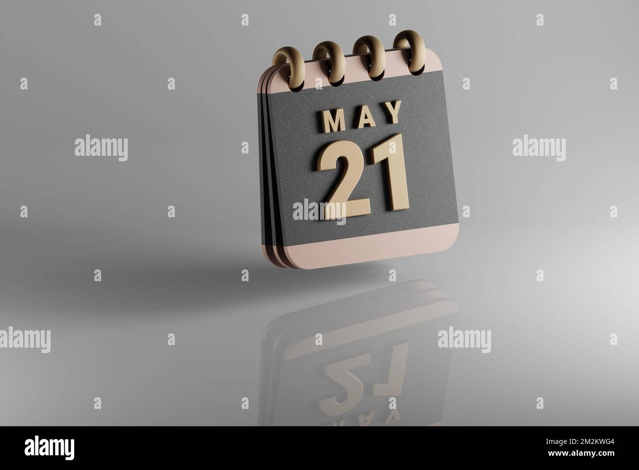 Calendario da tavolo in piedi nero e dorato mese con data di maggio 21. Design moderno con elementi dorati, illustrazione in 3D. Ceramica bianca rif Foto Stock