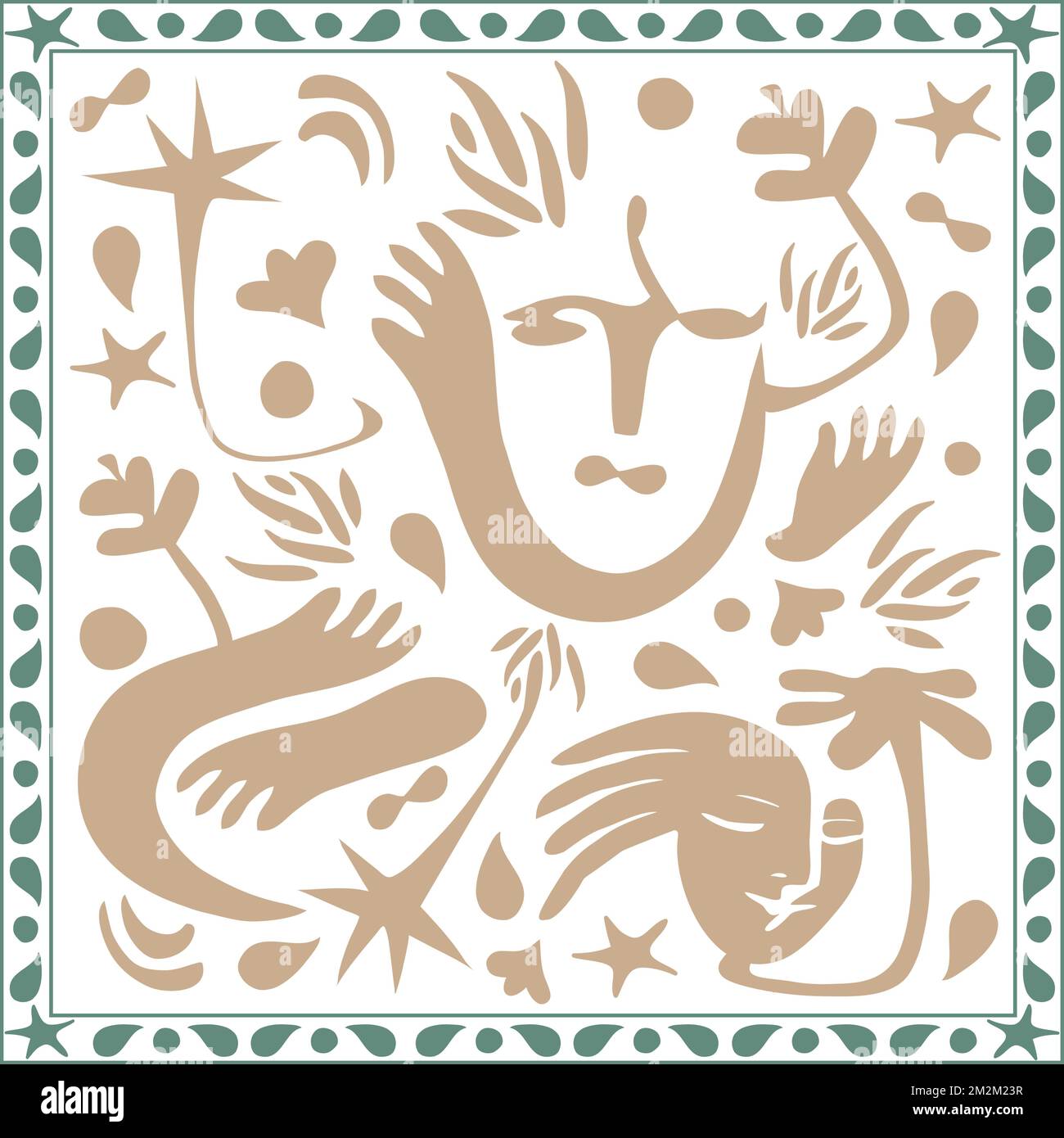 Astratto disegni d'arte Contemporary Face Hands Palm Tree Nature Bubble Doodles disegnati a mano Gold Sand e Sage Colors Illustrazione Vettoriale