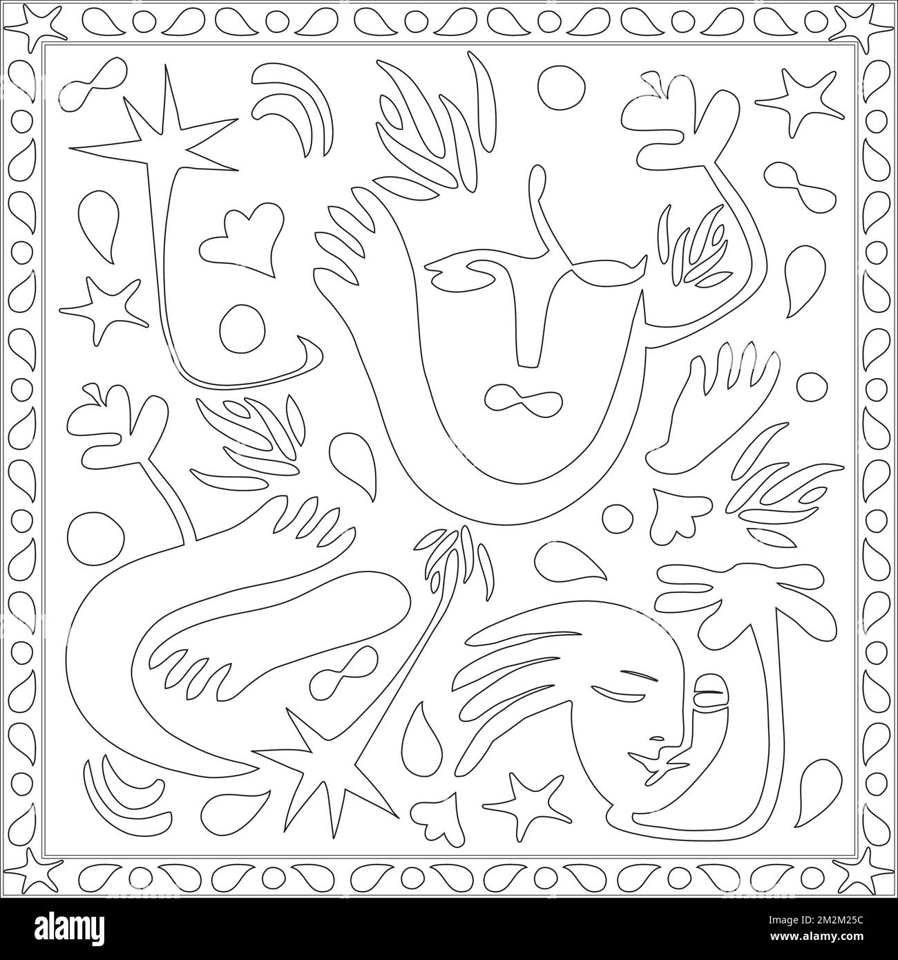 Astratto disegni d'Arte Contemporary Face Hands Palm Tree Nature Bubble Doodles Hand disegnato coloring Page Illustrazione Vettoriale