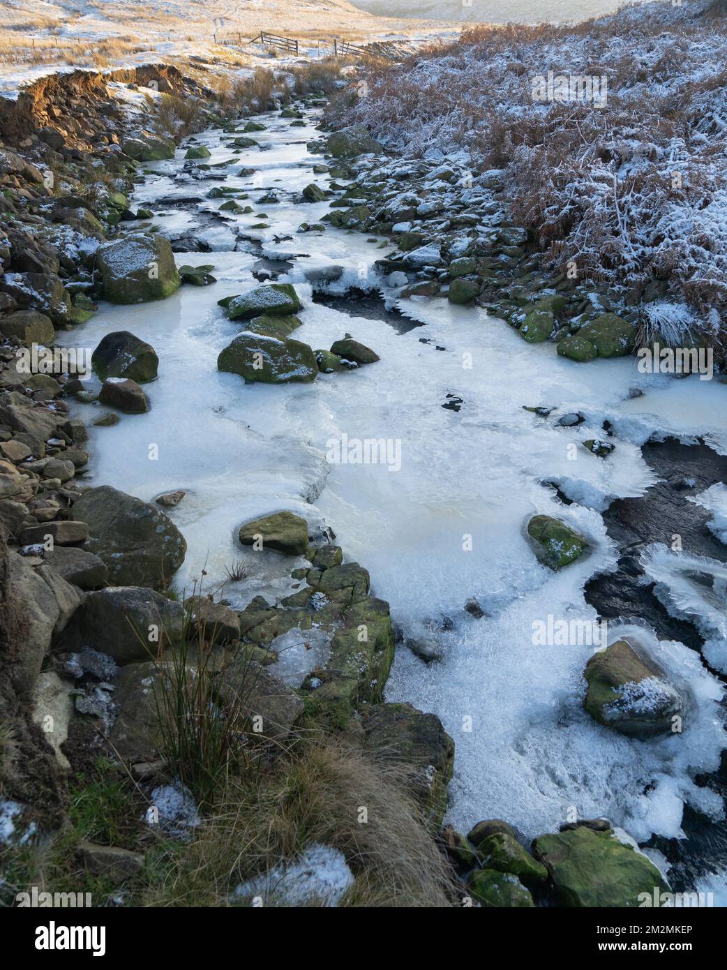Ghiaccio su un torrente di brughiera a Northumberland, Regno Unito Foto Stock