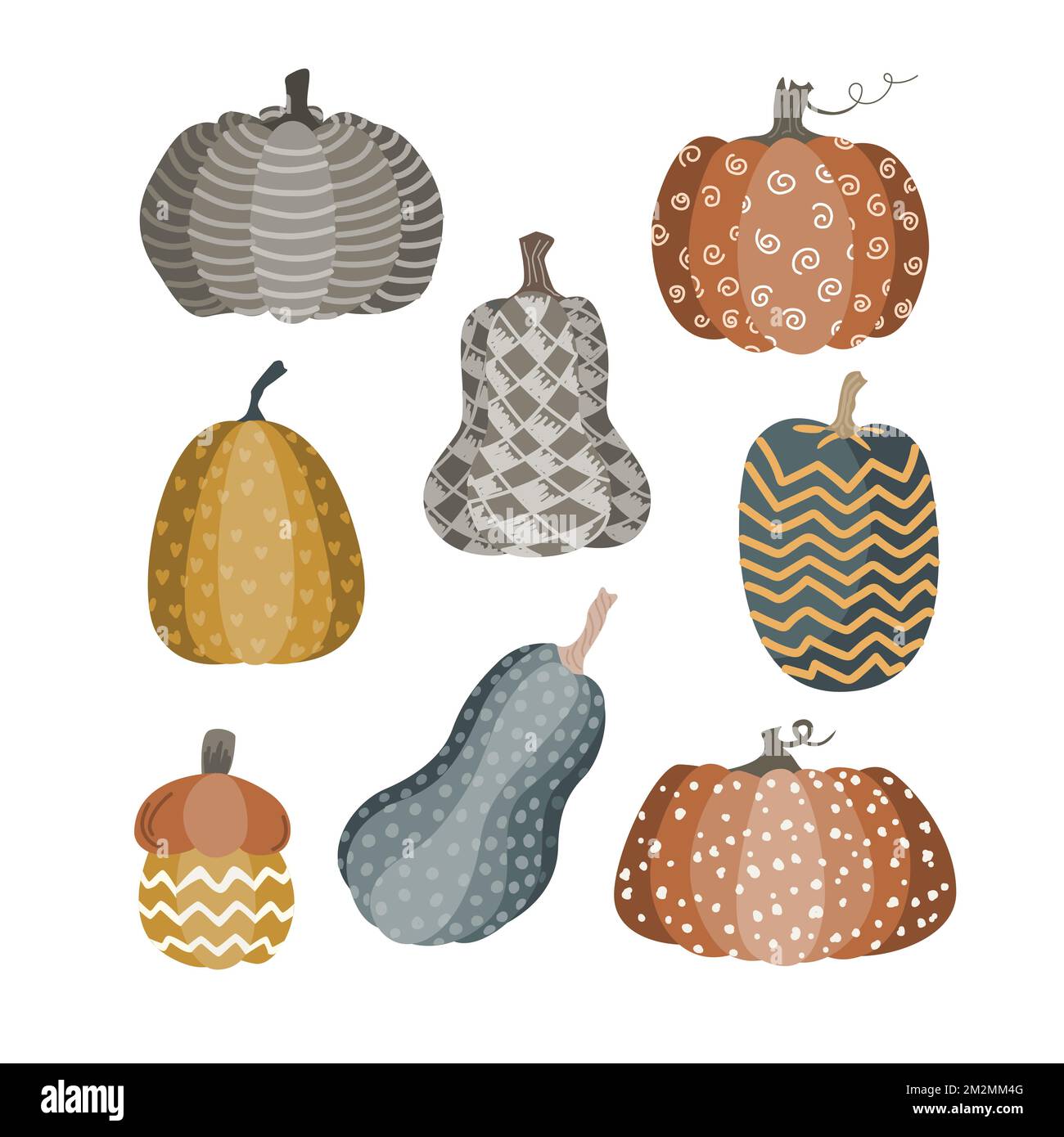Set di zucche insolite con ornamento di doodle. Illustrazione del vettore isolato. Halloween o simbolo del giorno del Ringraziamento, tavolozza boho Illustrazione Vettoriale