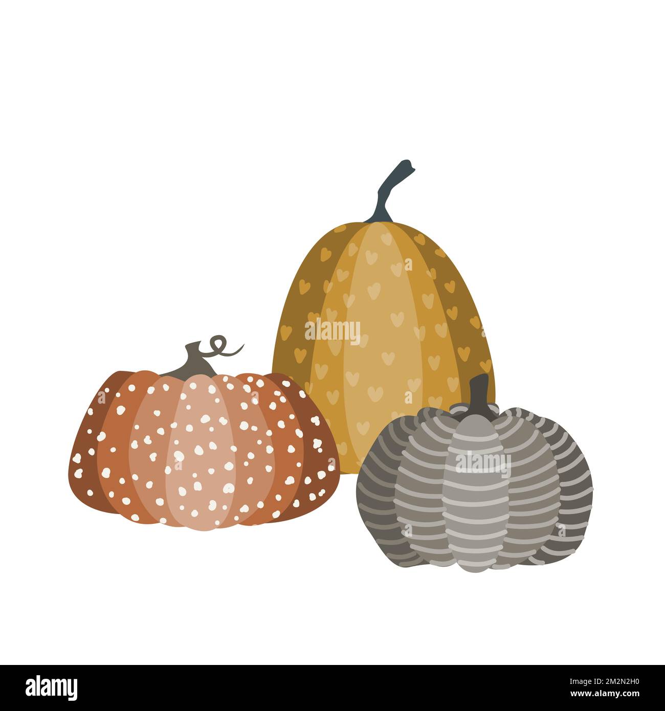 Composizione isolata con tre zucche con ornamento di doodle. Illustrazione del vettore piatto. Halloween o simbolo del giorno del Ringraziamento Illustrazione Vettoriale