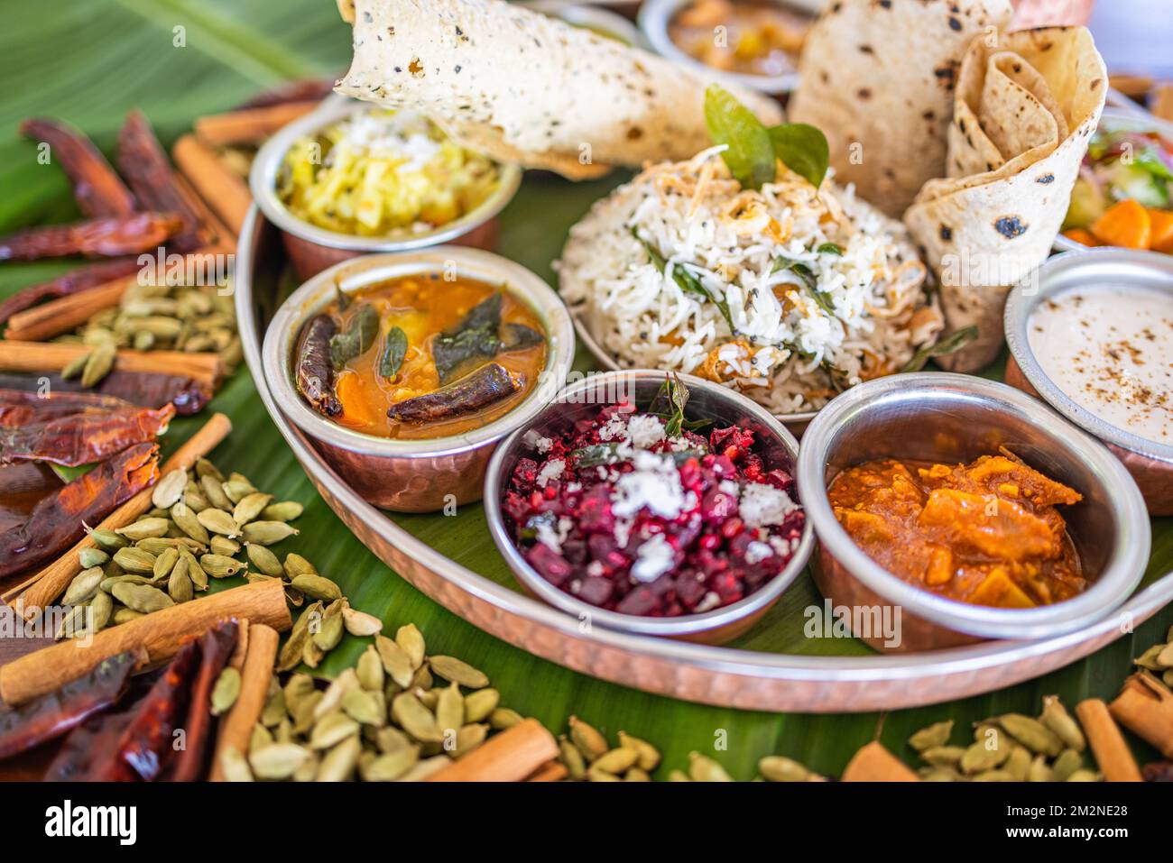 Tipico piatto indiano Thali. Piatti vegetariani su un grande piatto rotondo. Cibo indiano sambar, appam, halwa di semola, upma servito su foglie di banana Foto Stock