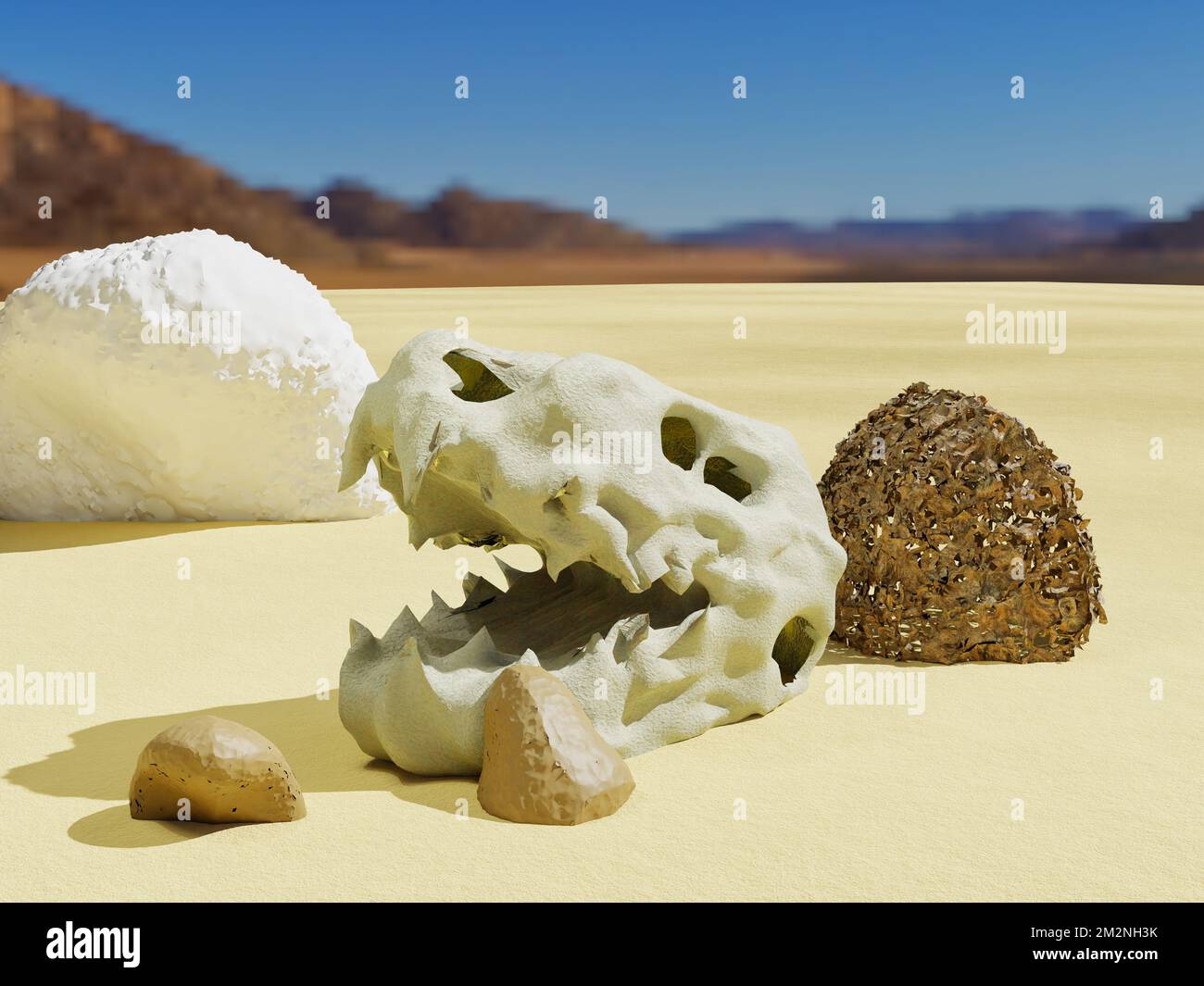 Cranio di dinosauro nel deserto, 3D rendering Foto Stock