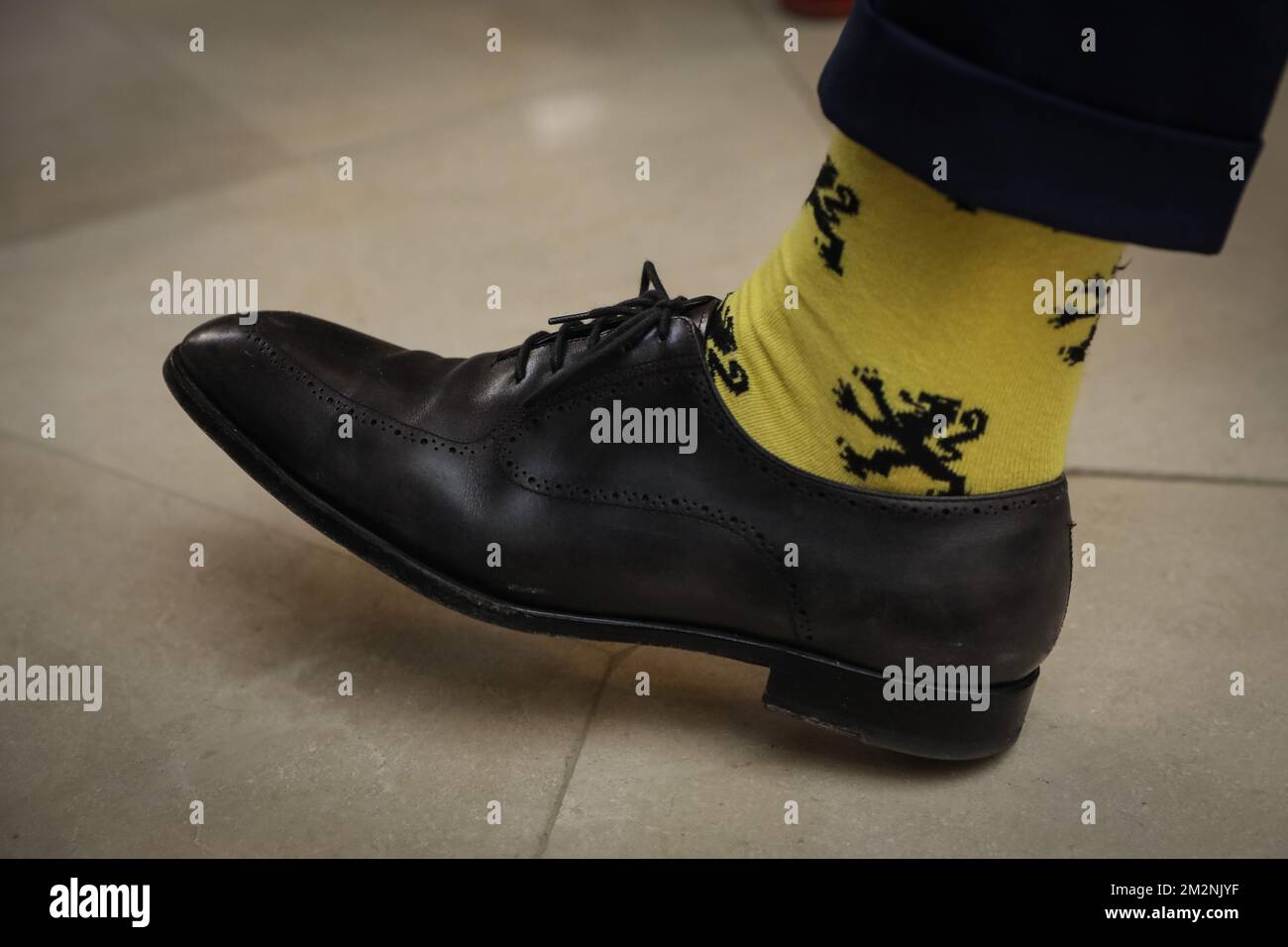 Schild en Vrienden, membro fondatore, asciuga le calze di Van Langenhove, gialle con i leoni neri, raffigurate durante una conferenza stampa per presentare il capo della lista Vlaams-Brabant per le prossime elezioni federali, al parlamento federale, a Bruxelles, mercoledì 09 gennaio 2019. FOTO DI BELGA THIERRY ROGE Foto Stock